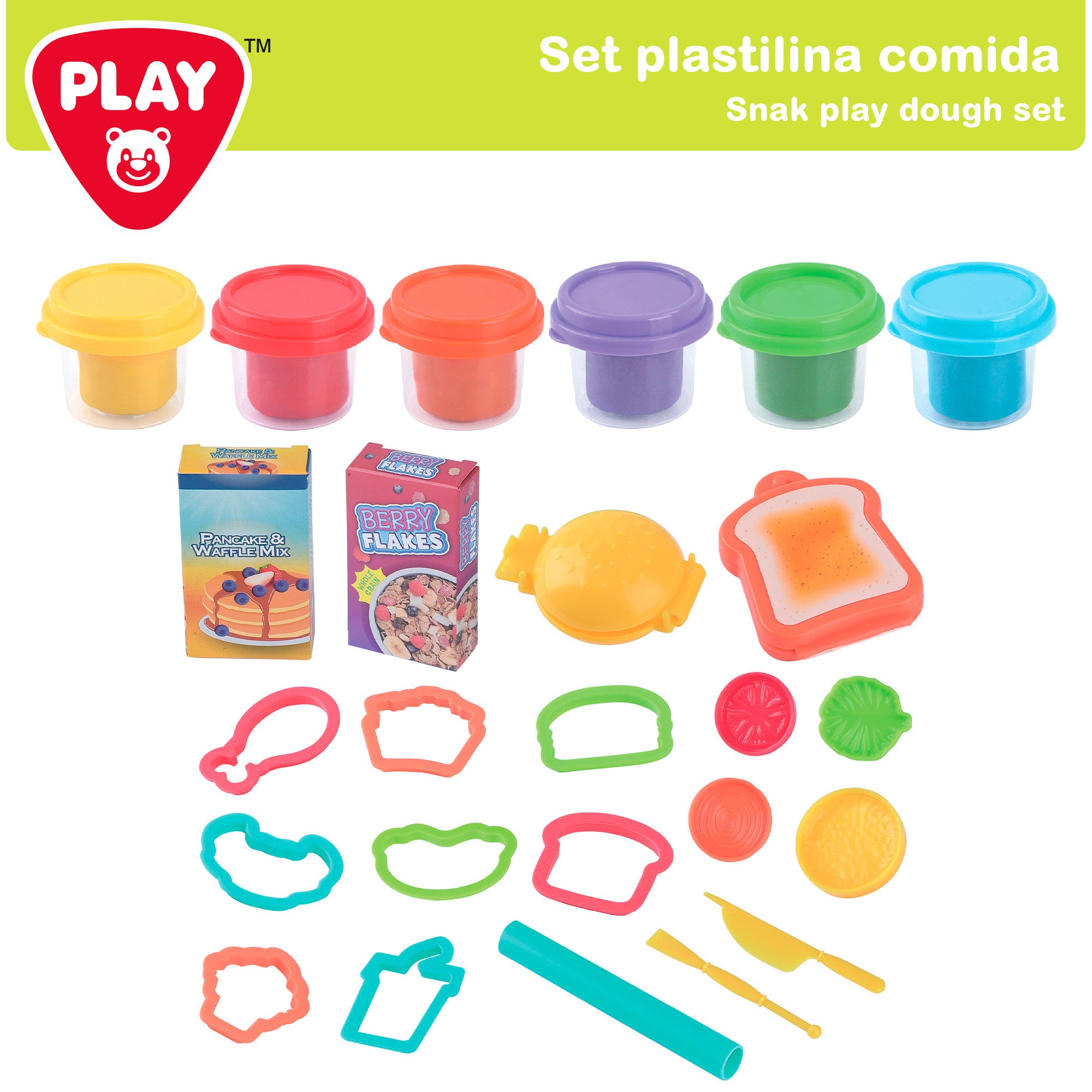 Conjunto de massa de modelar PLAY Food com moldes e acessórios.