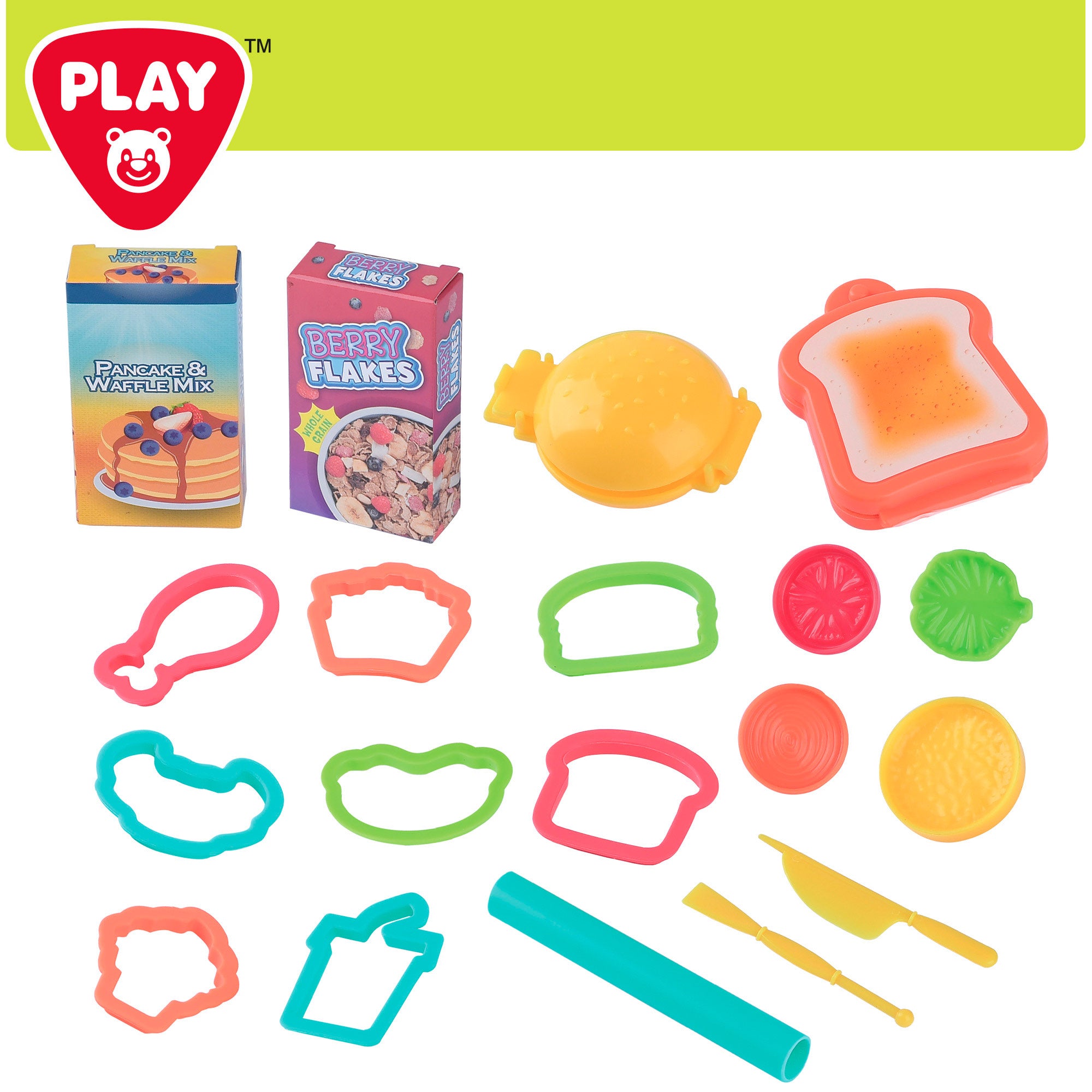 Conjunto de massa de modelar PLAY Food com moldes e acessórios.