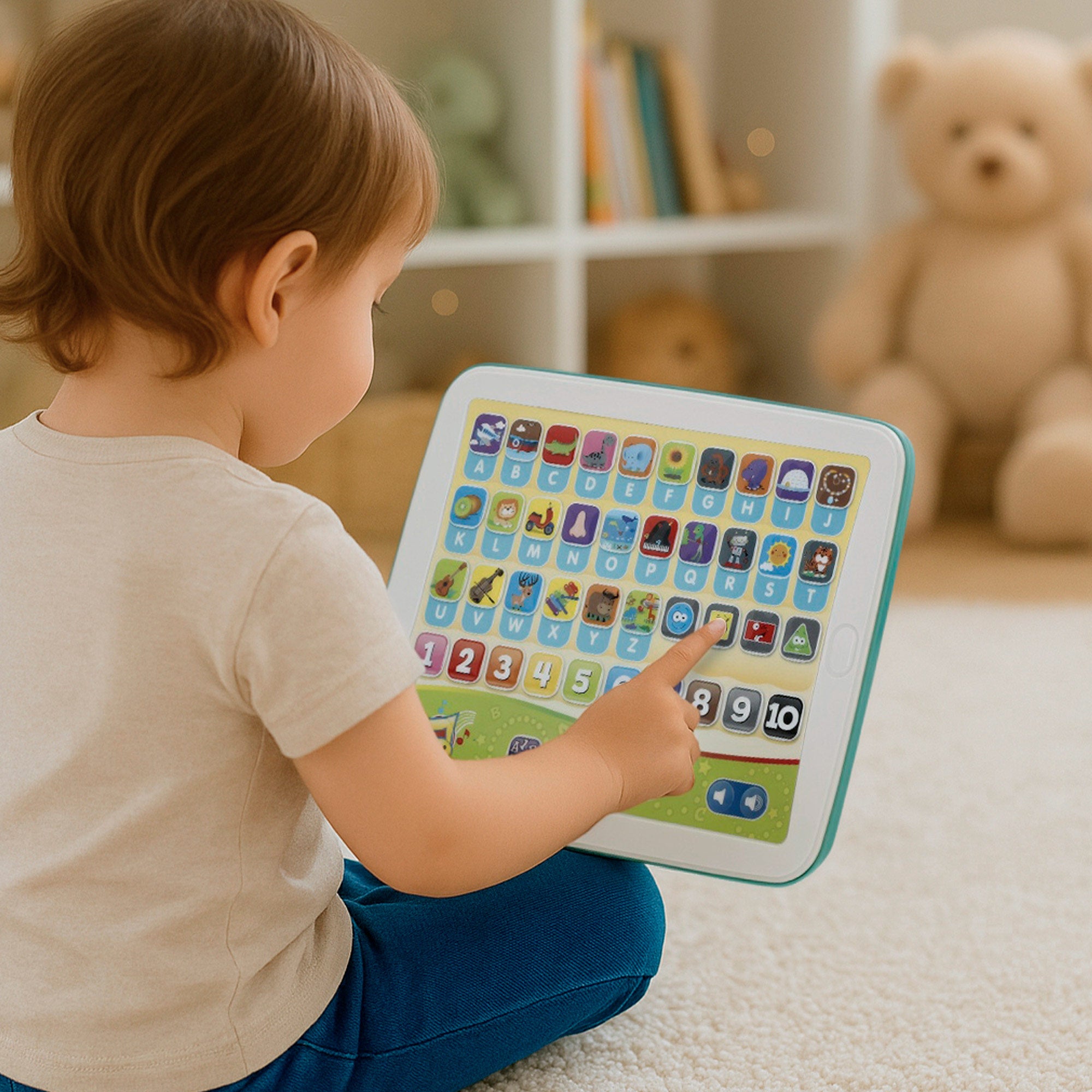 Tablet educativo PLAY em espanhol e inglês com letras, números e sons.
