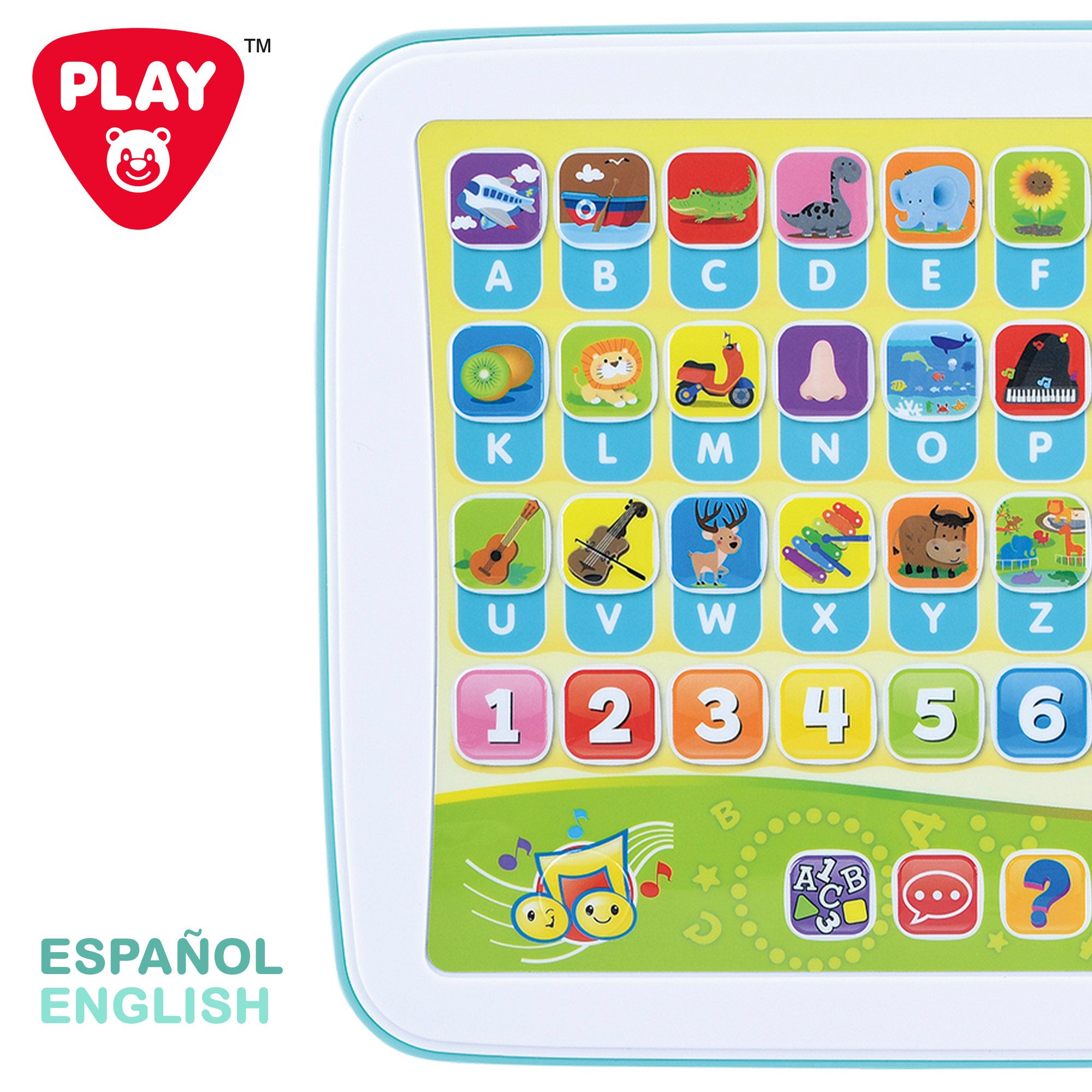 Tablet educativo PLAY em espanhol e inglês com letras, números e sons.