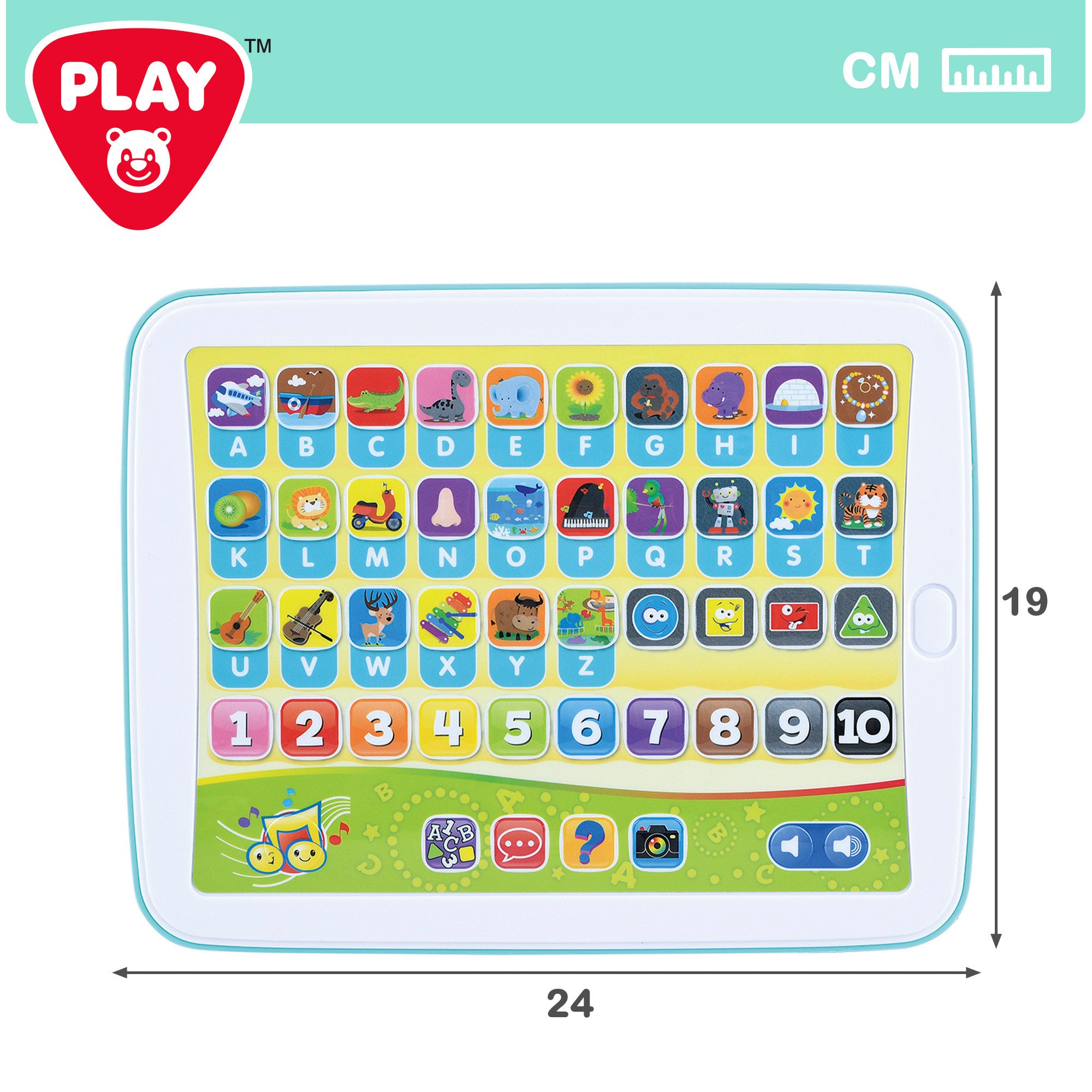 Tablet educativo PLAY em espanhol e inglês com letras, números e sons.