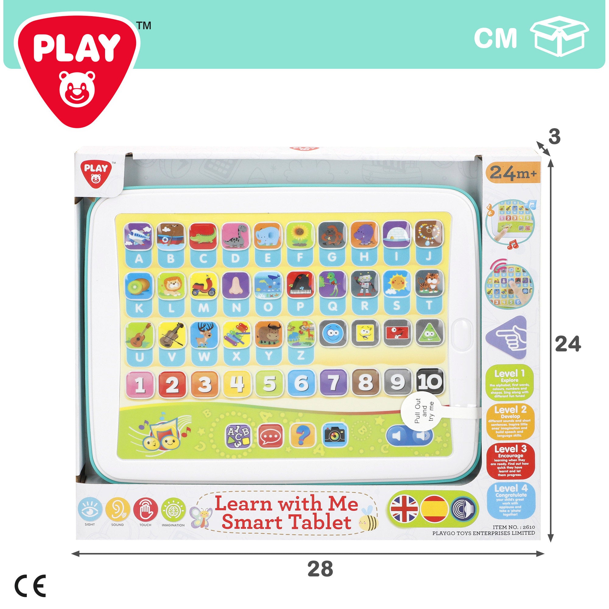 Tablet educativo PLAY em espanhol e inglês com letras, números e sons.