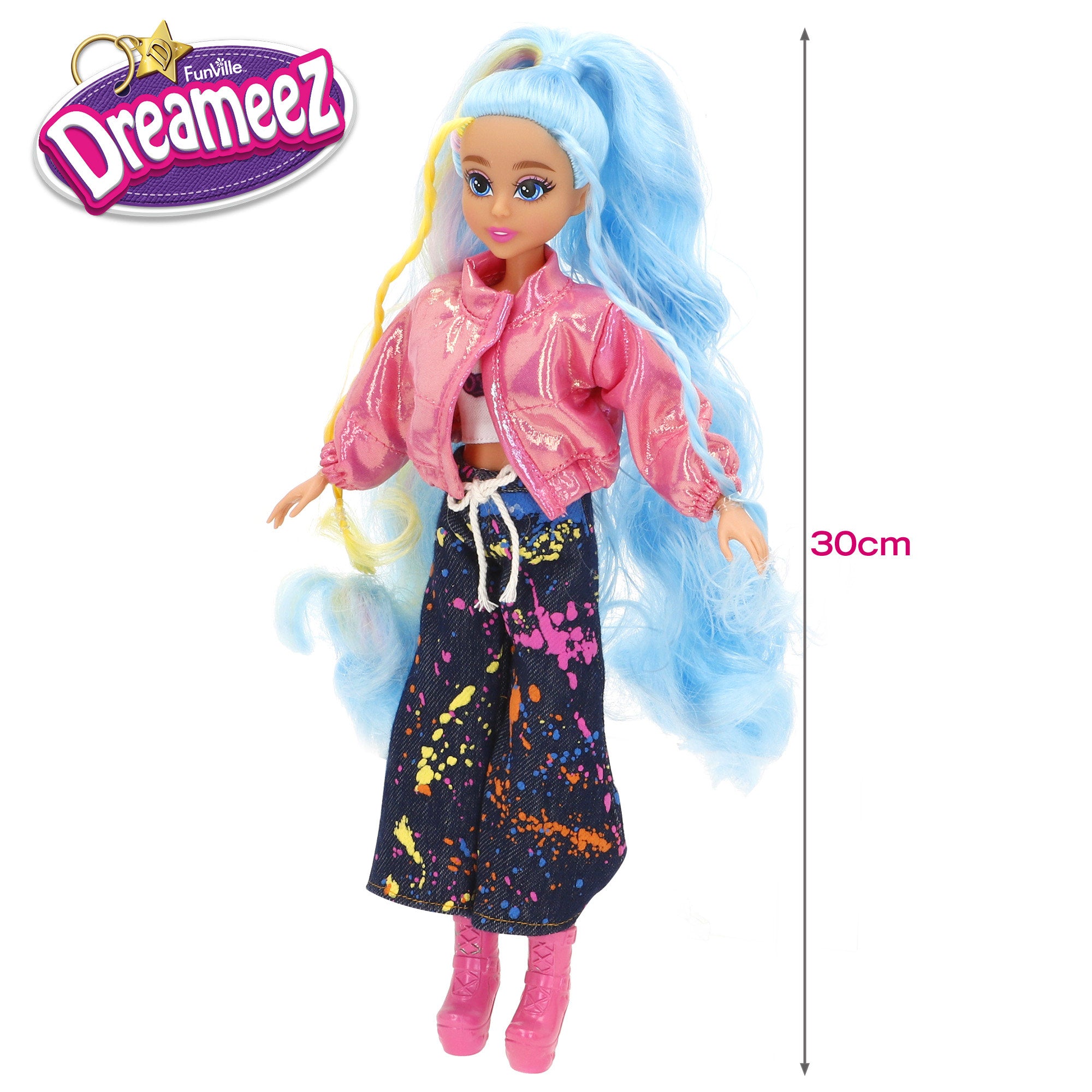 Boneca Dreameez Glam Up de 30 cm com cabelo comprido, maquilhagem e acessórios.