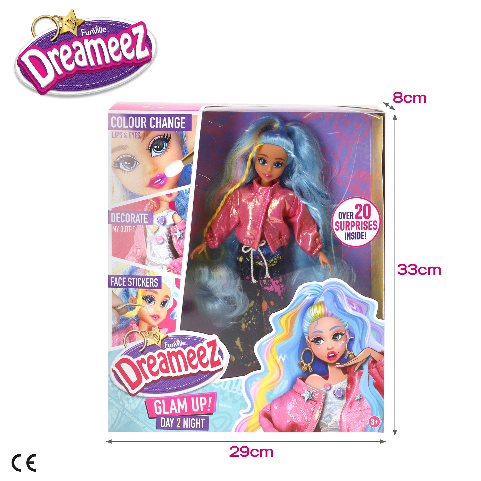 Boneca Dreameez Glam Up de 30 cm com cabelo comprido, maquilhagem e acessórios.