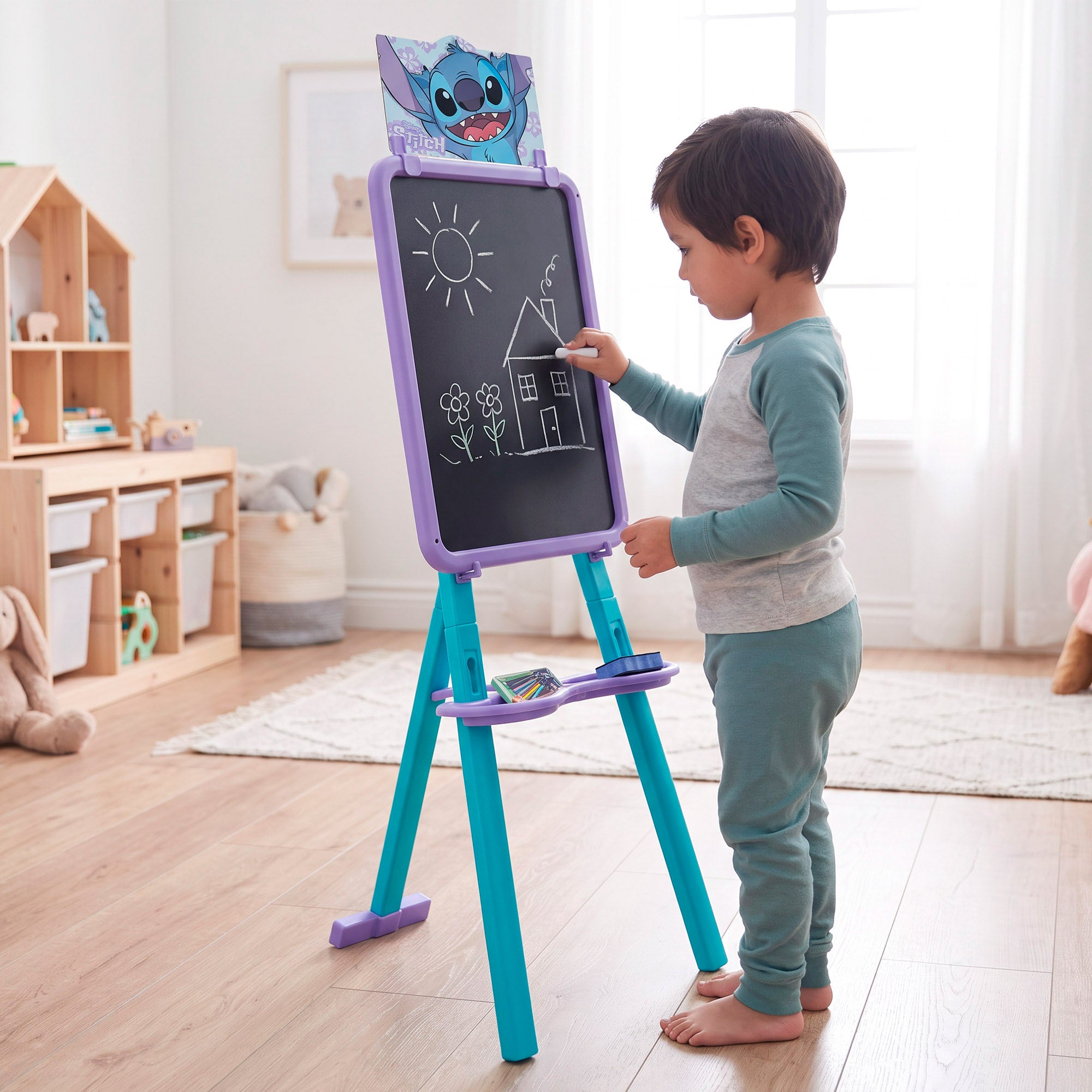 Quadro de escrever e desenhar Stitch 2 em 1 dupla face com cavalete + 3 anos