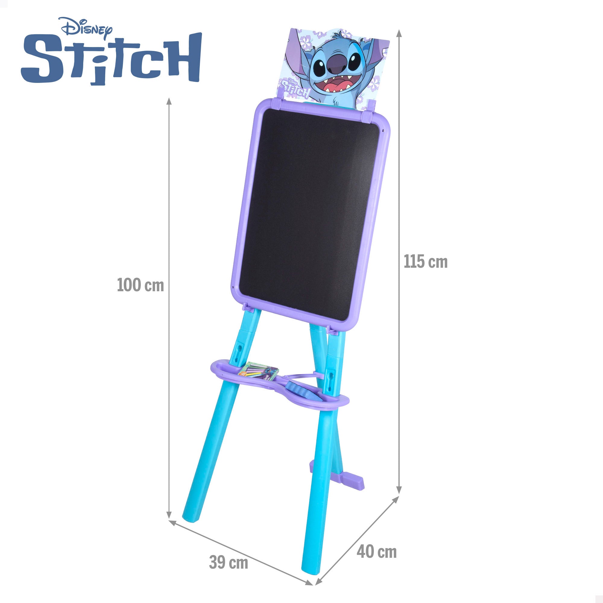 Quadro de escrever e desenhar Stitch 2 em 1 dupla face com cavalete + 3 anos
