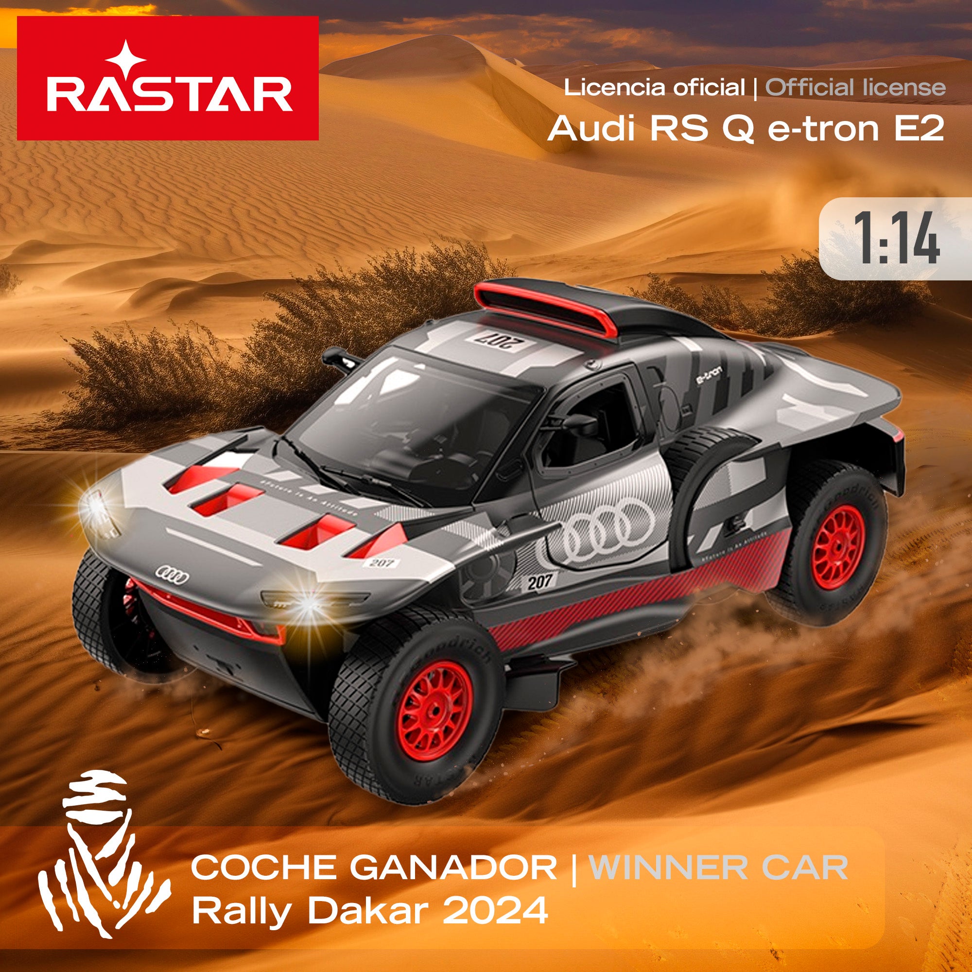 RASTAR Carro de Controlo Remoto Oficial Vencedor do Dakar '24 Audi RS Q e-tron E2 Sainz 1:14