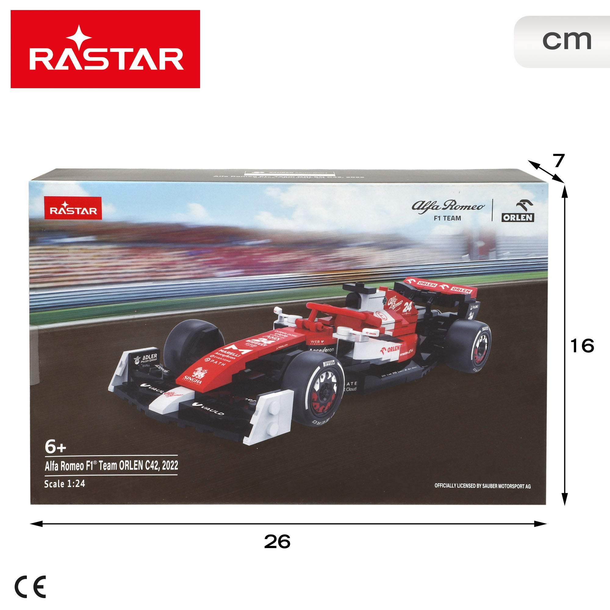 Kit de modelo RASTAR para o carro de Fórmula 1 2020 da equipa Alfa Romeo ORLEN C42 à escala 1:24.