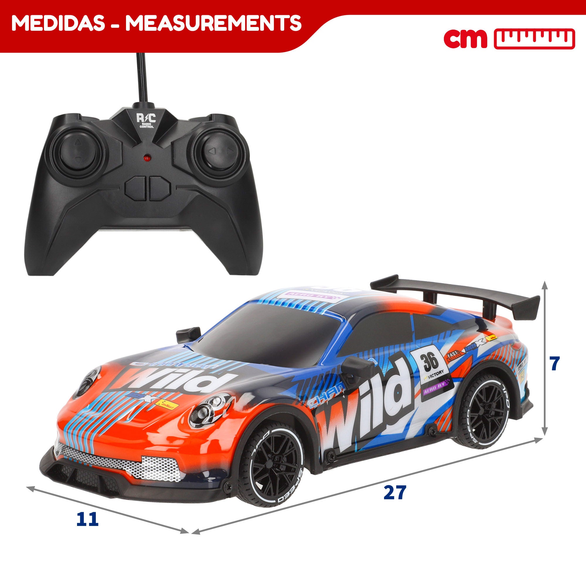 Carro telecomandado Xtreme Sports com luzes, escala 1:18, velocidade máxima.