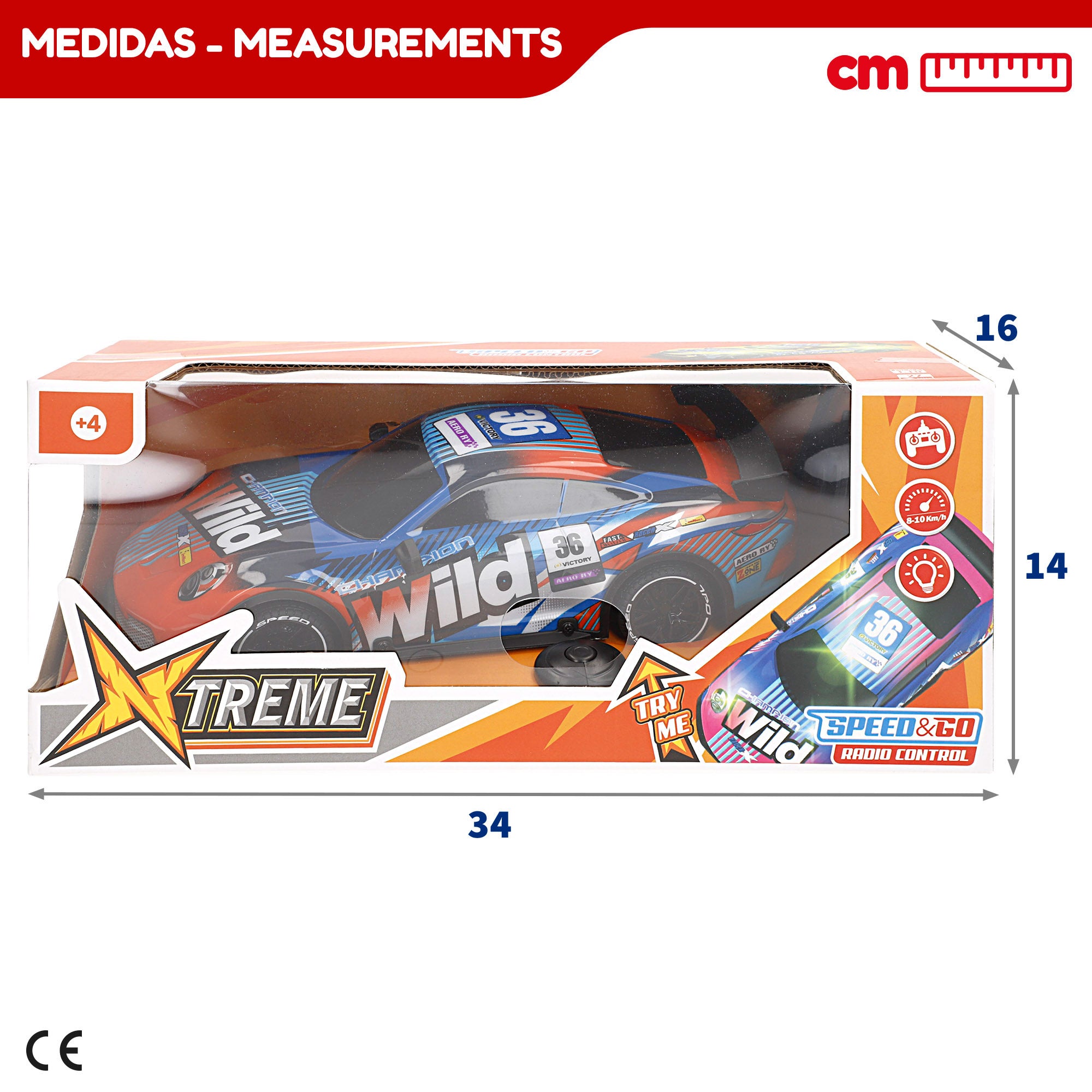 Carro telecomandado Xtreme Sports com luzes, escala 1:18, velocidade máxima.