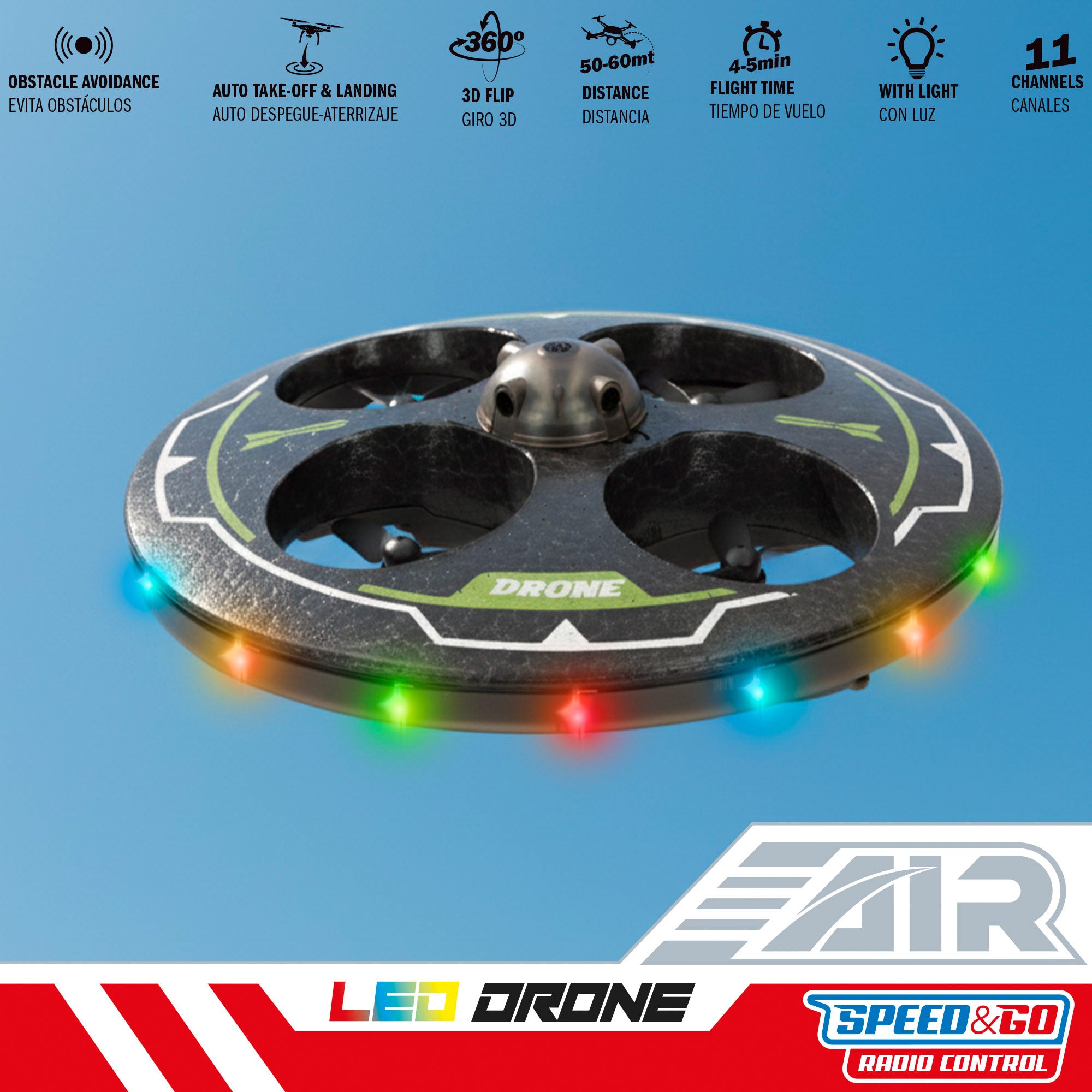 Drone de brinquedo circular com comando à distância, rotação de 360º e giroscópio Speed ​​​​&amp; Go.
