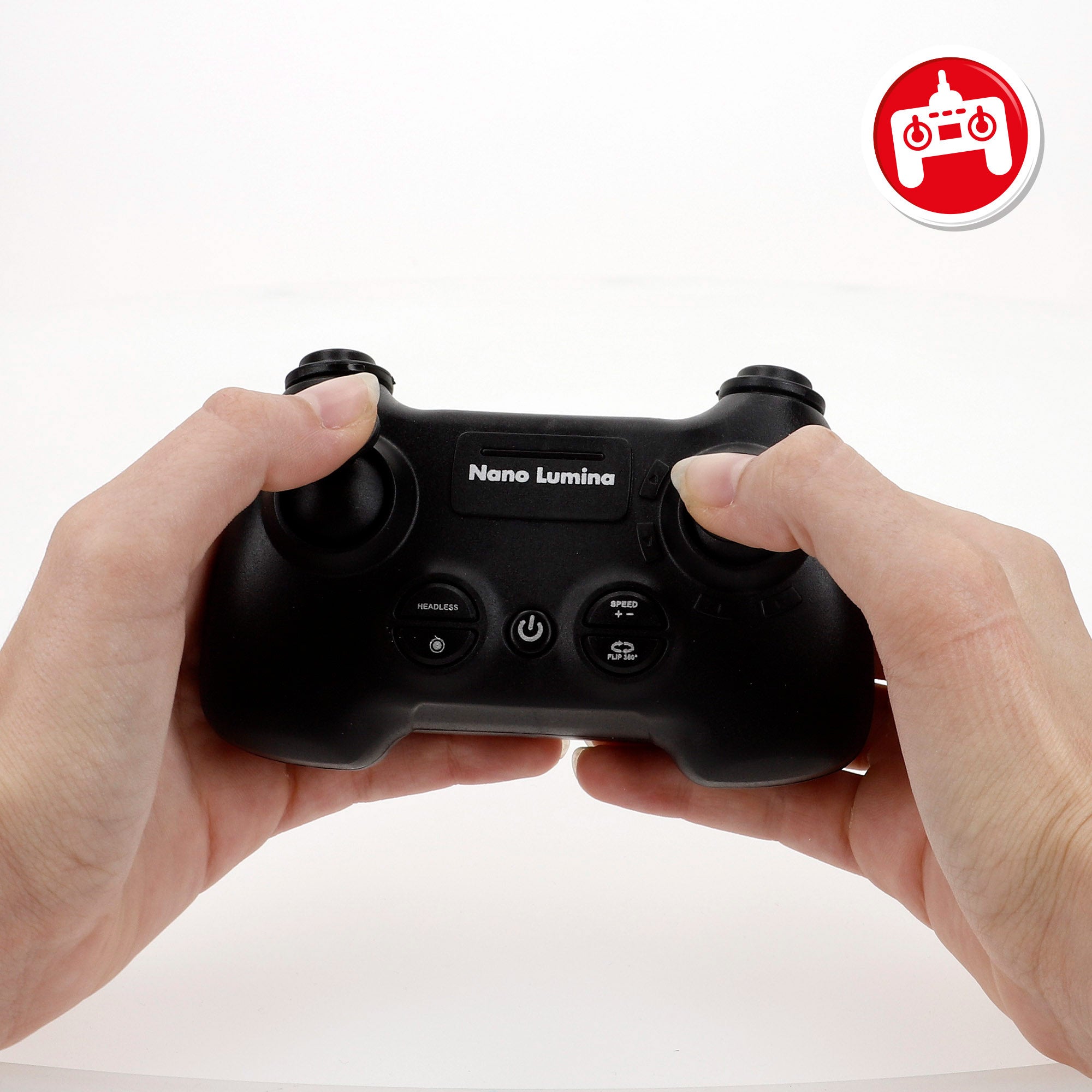 Drone de brinquedo com controlo remoto de 360°, luzes LED, 12x12 cm, velocidade e função de descolagem.