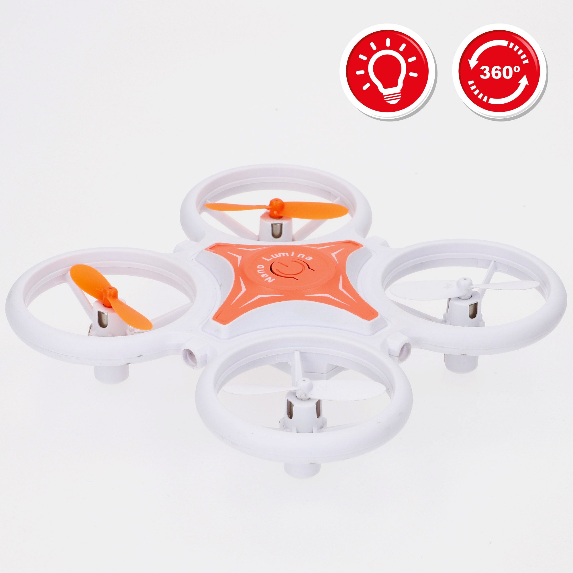 Drone de brinquedo com controlo remoto de 360°, luzes LED, 12x12 cm, velocidade e função de descolagem.