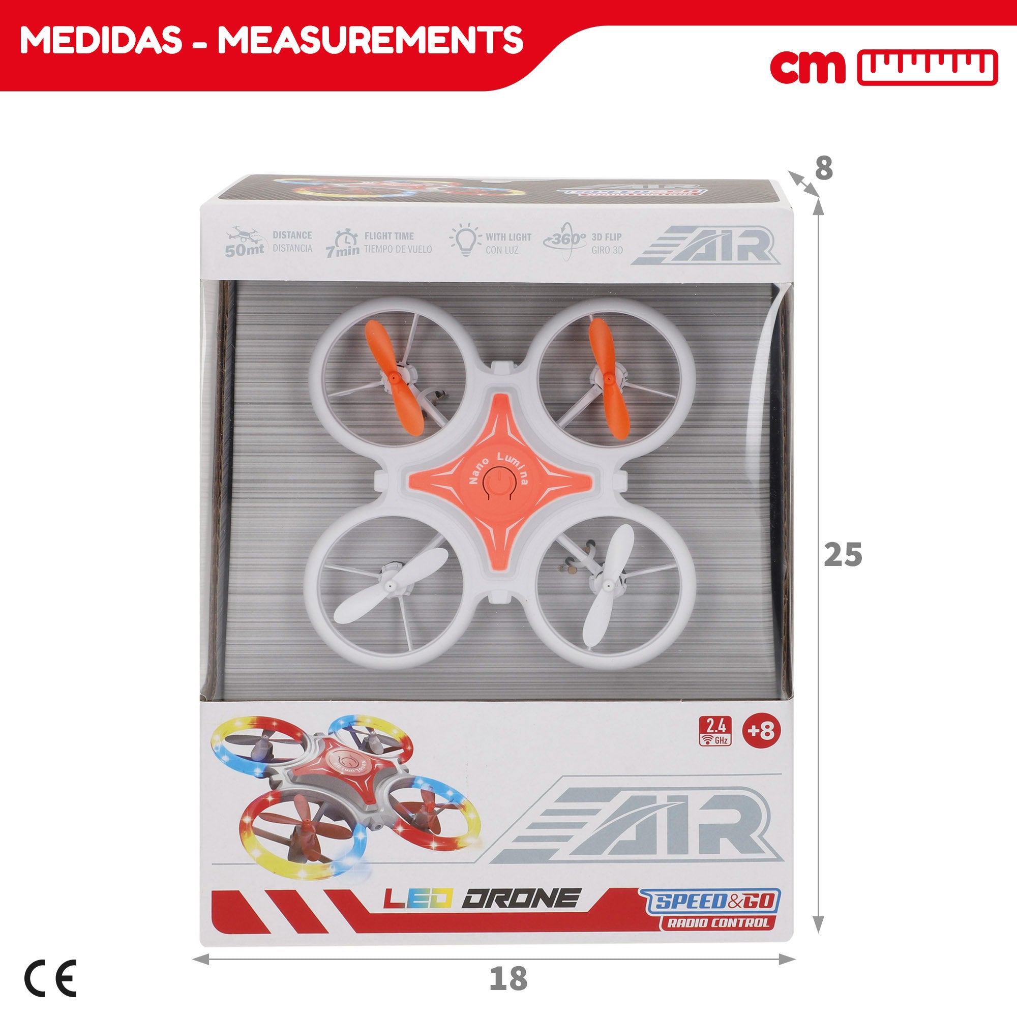 Drone de brinquedo com controlo remoto de 360°, luzes LED, 12x12 cm, velocidade e função de descolagem.