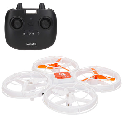 Drone de brinquedo com controlo remoto de 360°, luzes LED, 17x17 cm, velocidade e função de descolagem.