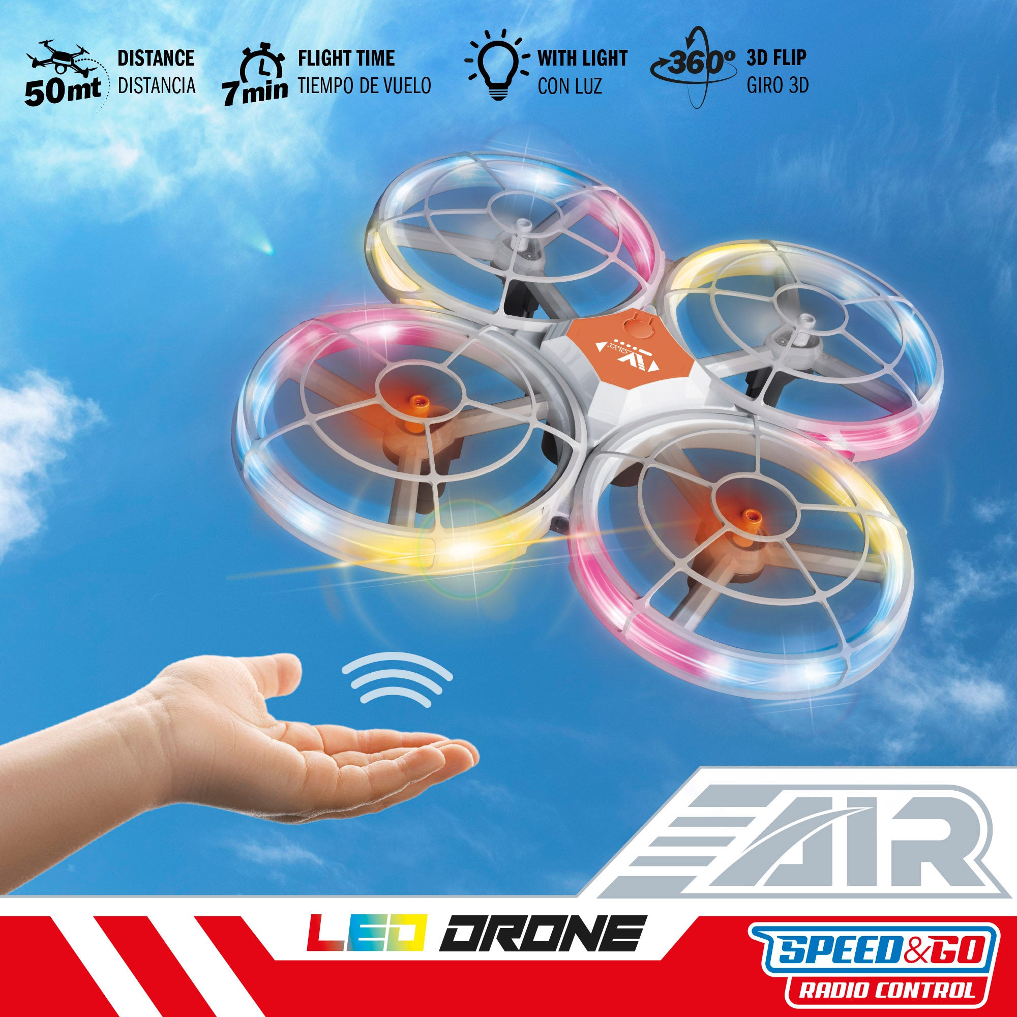 Drone de brinquedo com controlo remoto de 360°, luzes LED, 17x17 cm, velocidade e função de descolagem.