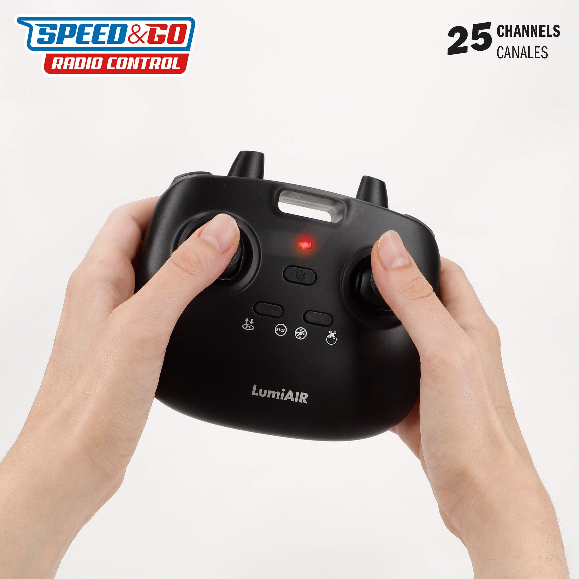 Drone de brinquedo com controlo remoto de 360°, luzes LED, 17x17 cm, velocidade e função de descolagem.