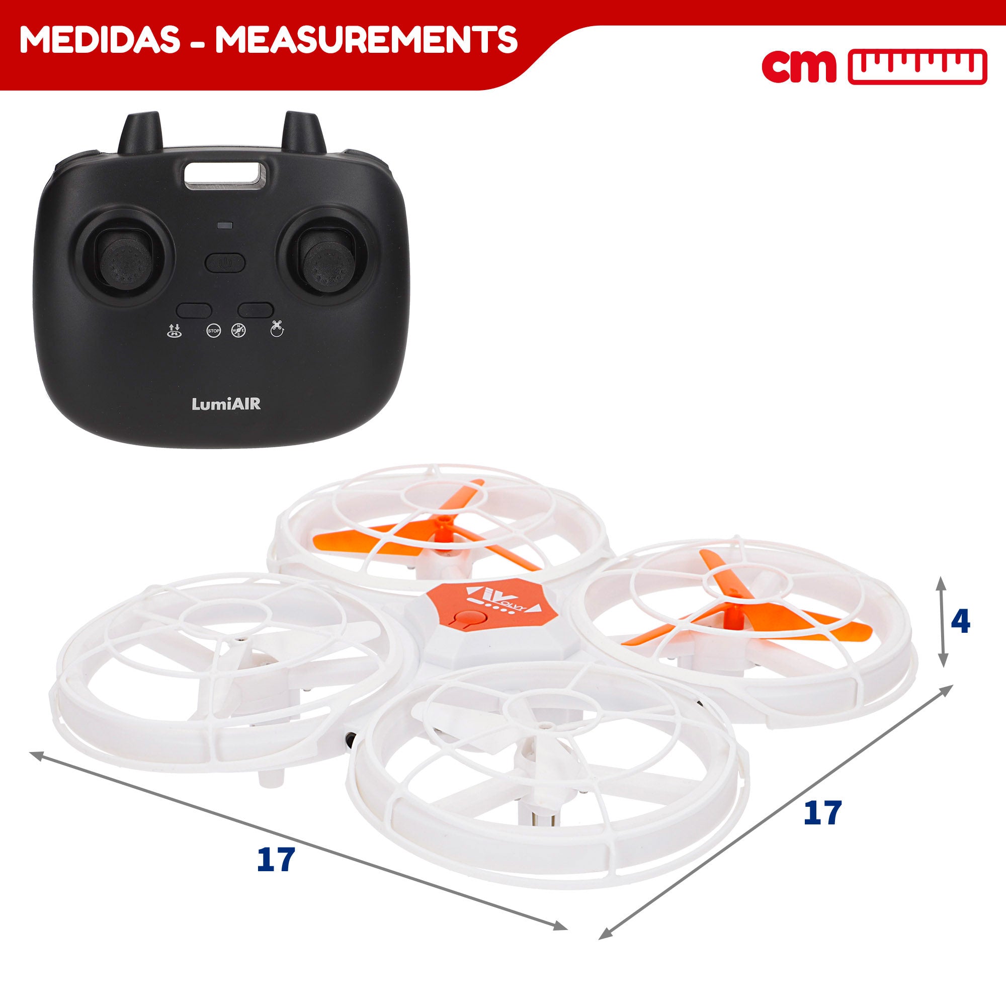 Drone de brinquedo com controlo remoto de 360°, luzes LED, 17x17 cm, velocidade e função de descolagem.