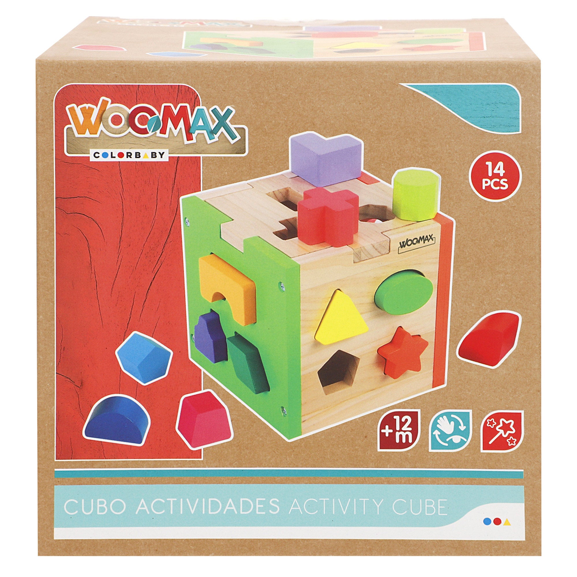Cubo de atividades em madeira WOOMAX para encaixar peças