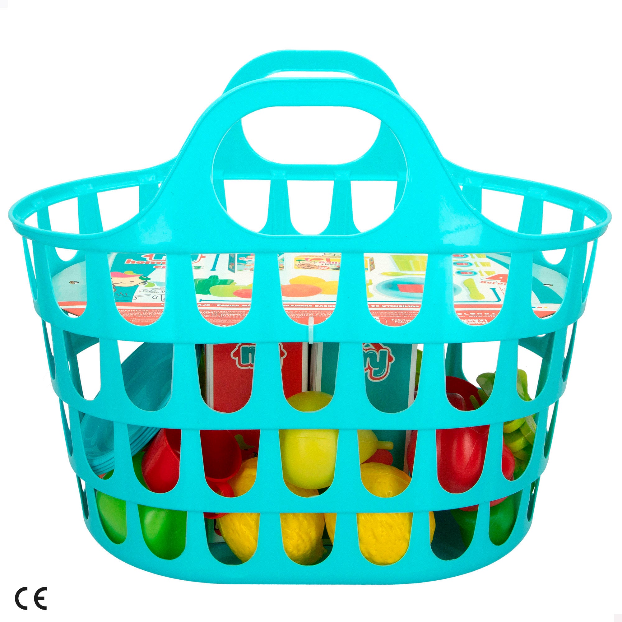 Cesta de compras My Home Colors com alimentos e acessórios.