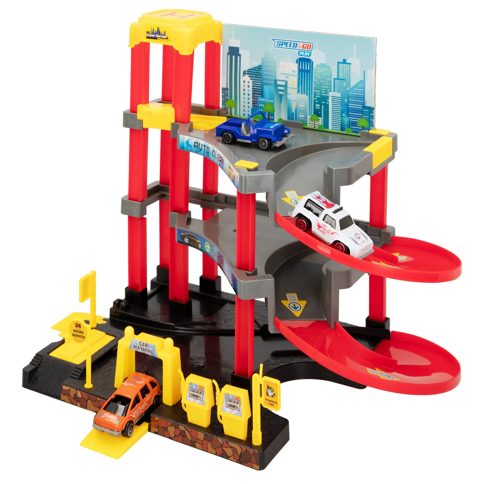 Estacionamento infantil com 3 níveis e 3 carrinhos Speed ​​​​&amp; Go.