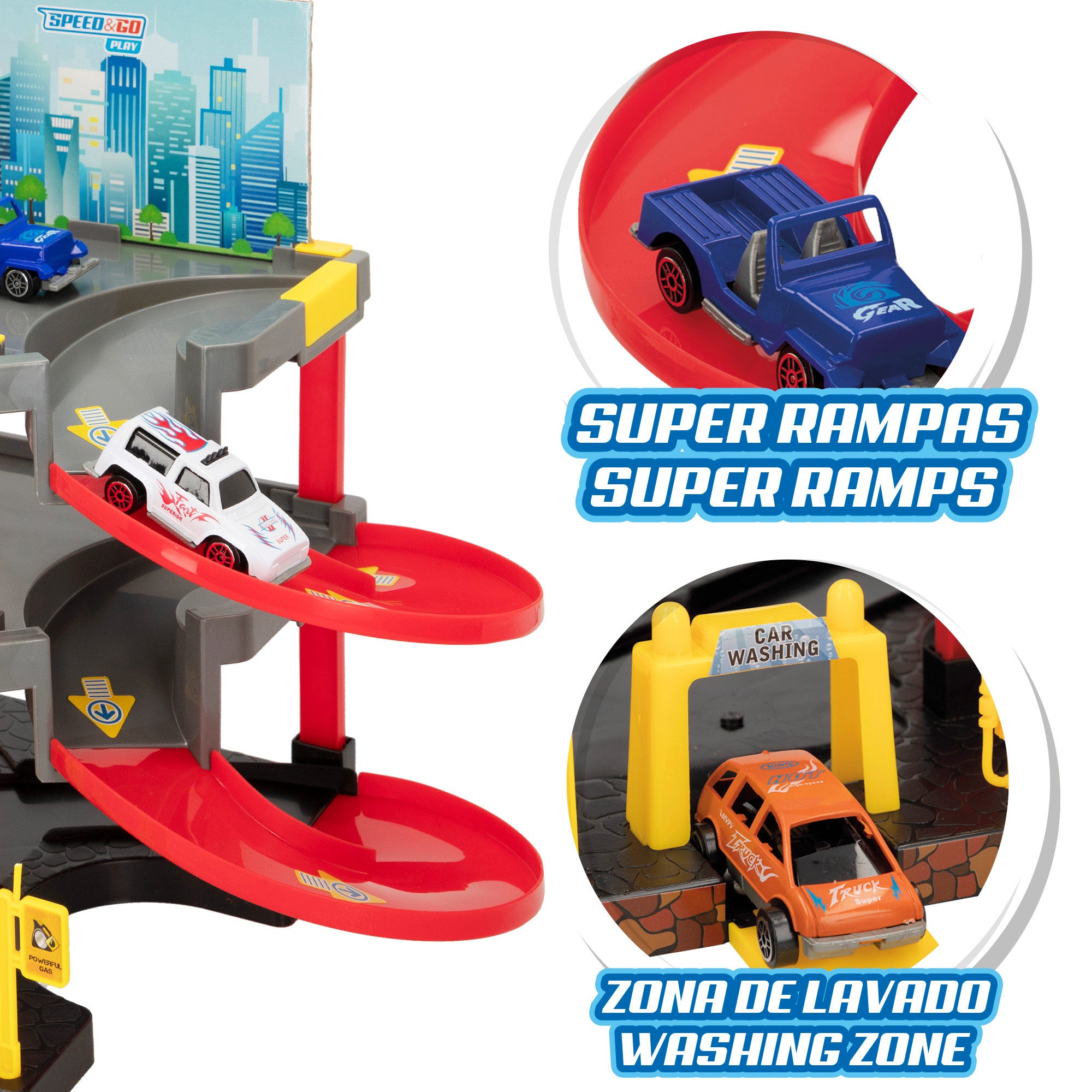 Estacionamento infantil com 3 níveis e 3 carrinhos Speed ​​​​&amp; Go.