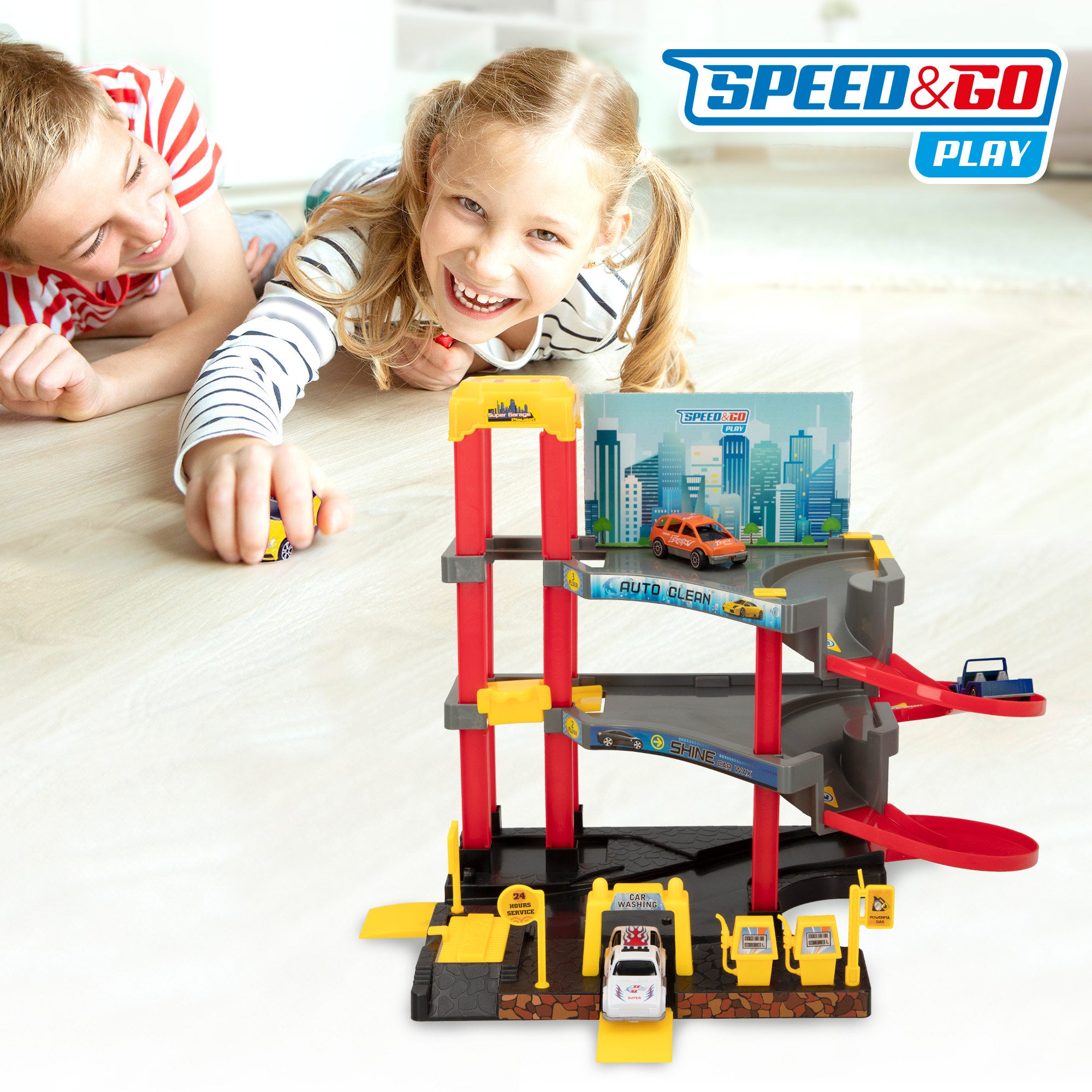 Estacionamento infantil com 3 níveis e 3 carrinhos Speed ​​​​&amp; Go.
