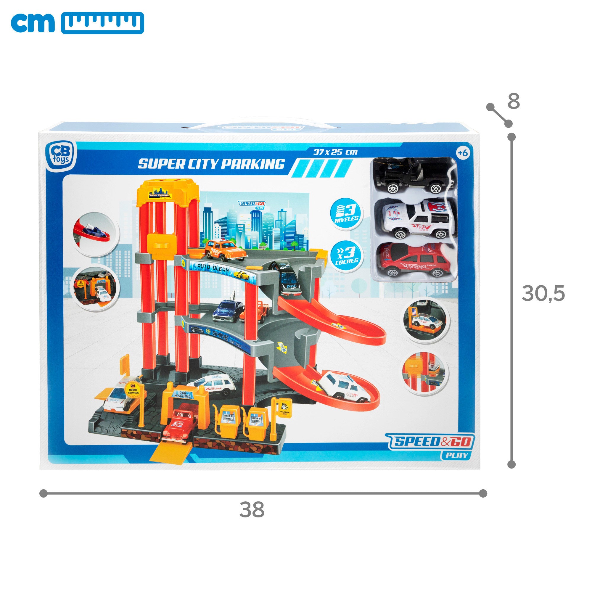 Estacionamento infantil com 3 níveis e 3 carrinhos Speed ​​​​&amp; Go.