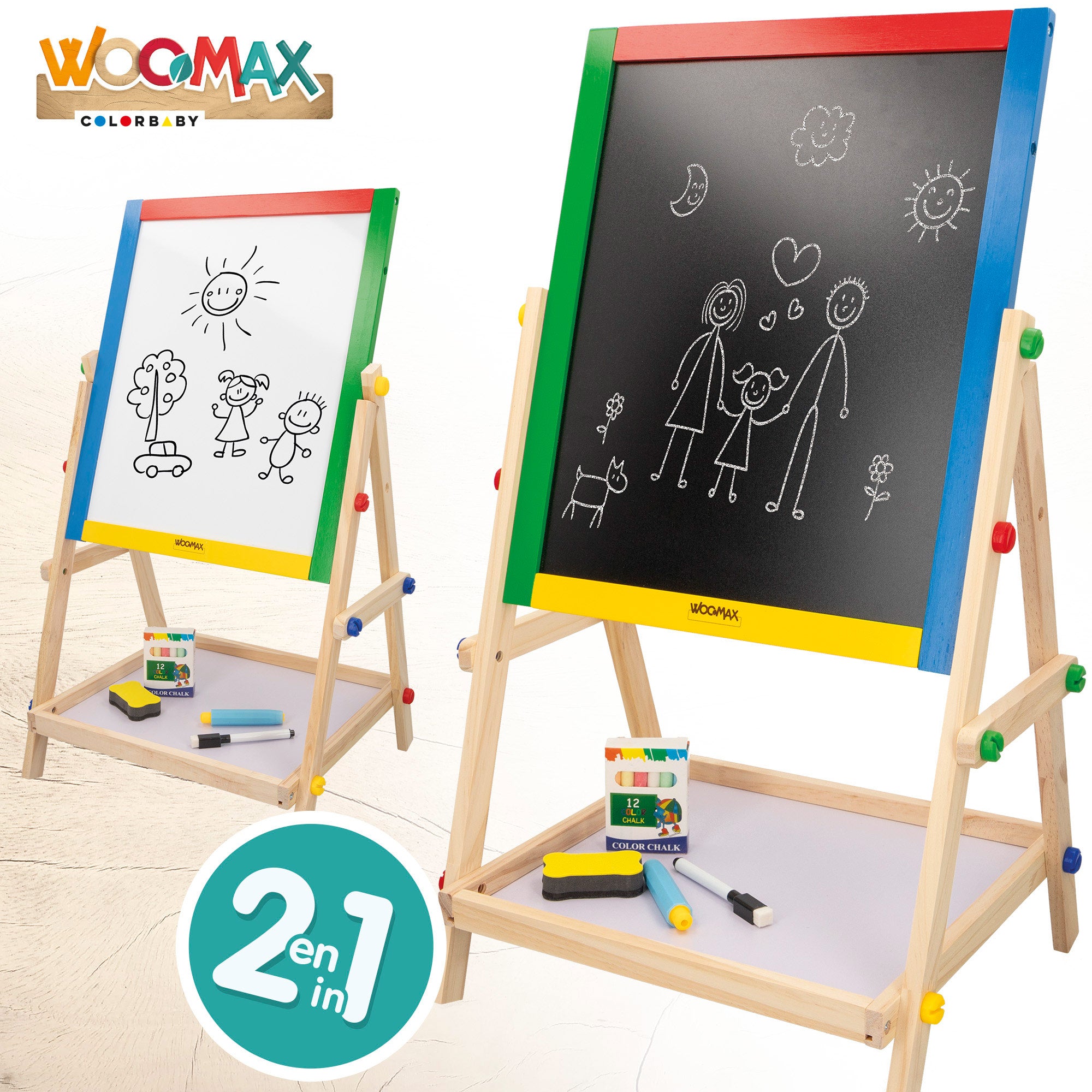 Quadro branco duplo WOOMAX com cavalete em madeira