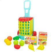 Carrinho de supermercado de brincar My Home Colors com 11 peças e alimentos.