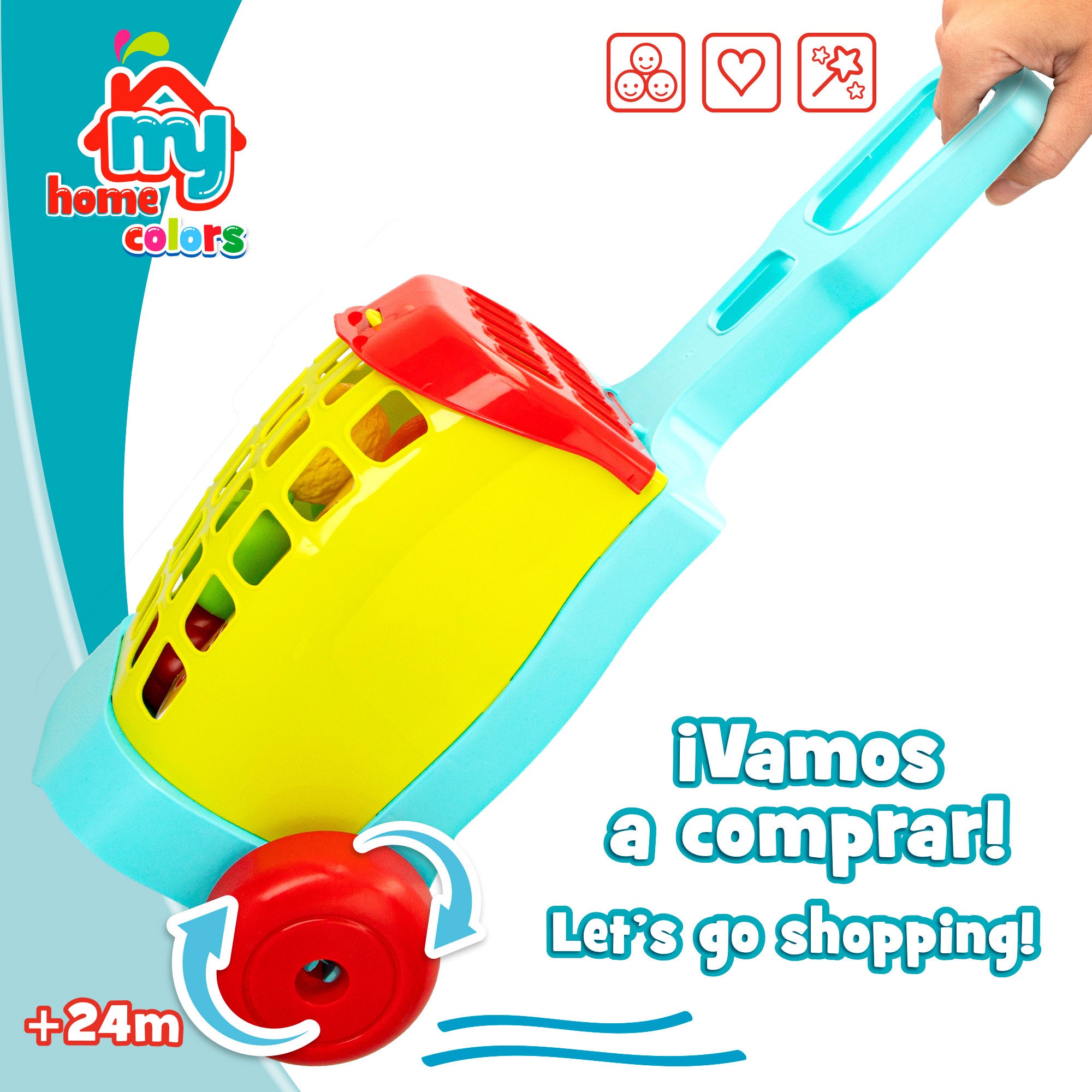 Carrinho de supermercado de brincar My Home Colors com 11 peças e alimentos.