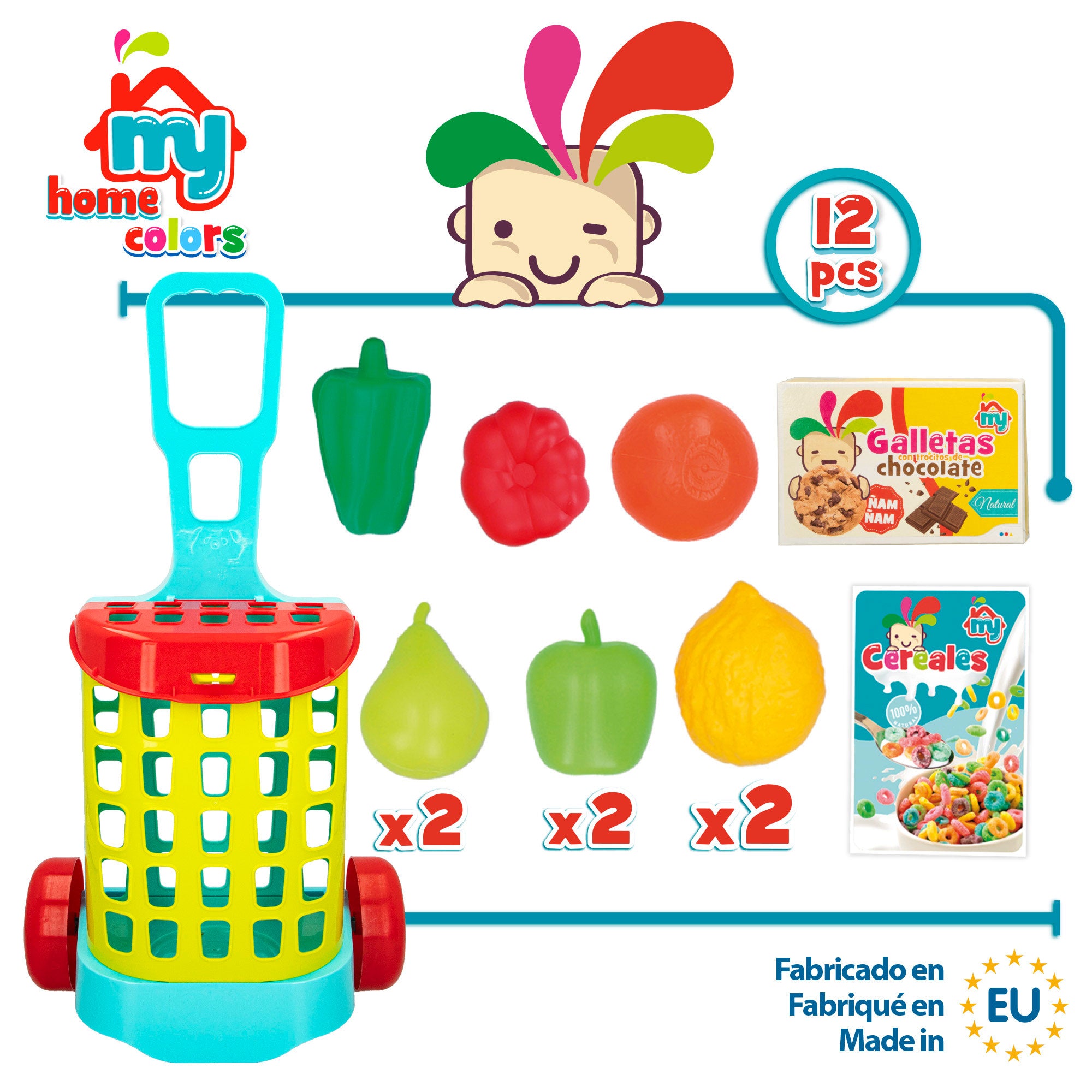 Carrinho de supermercado de brincar My Home Colors com 11 peças e alimentos.