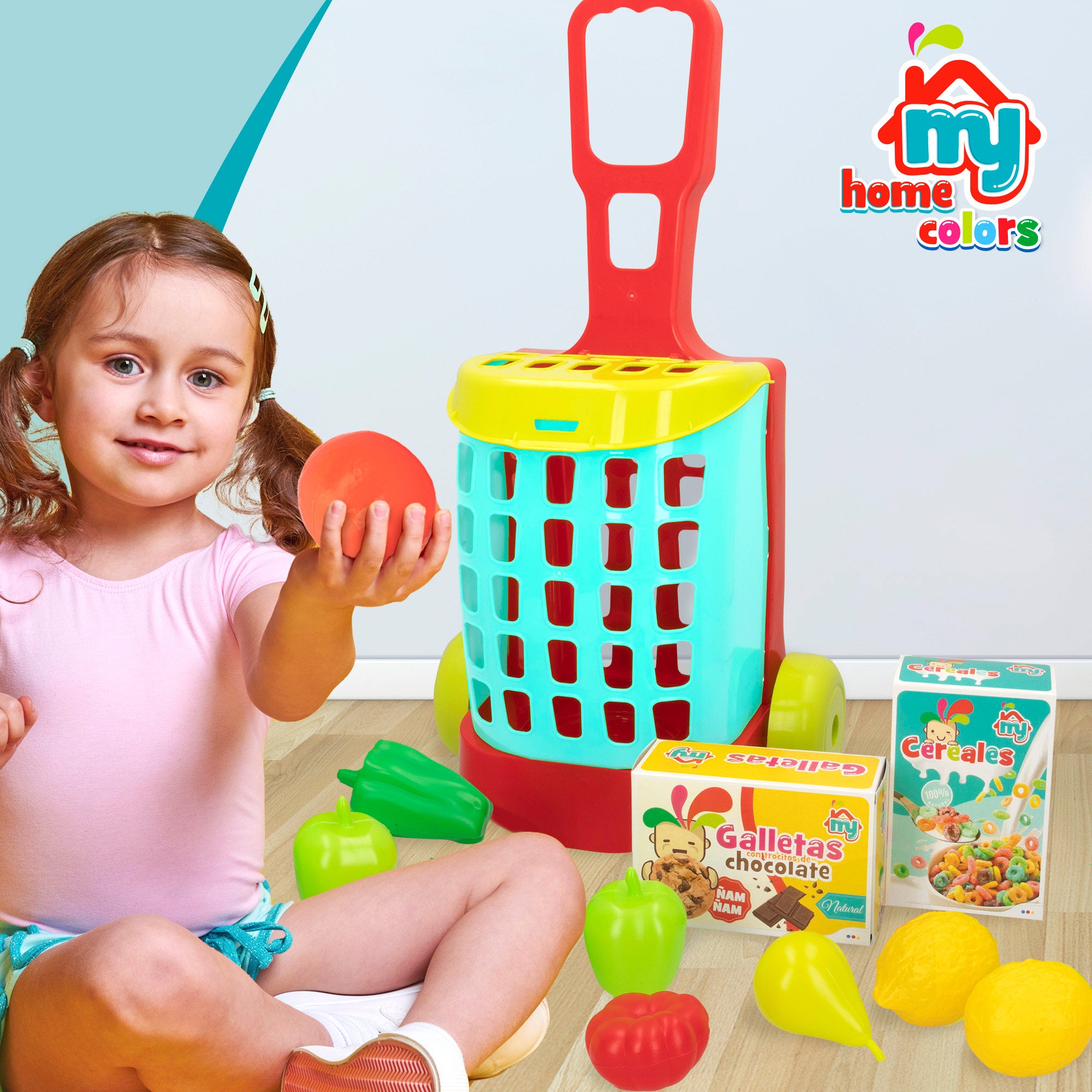 Carrinho de supermercado de brincar My Home Colors com 11 peças e alimentos.