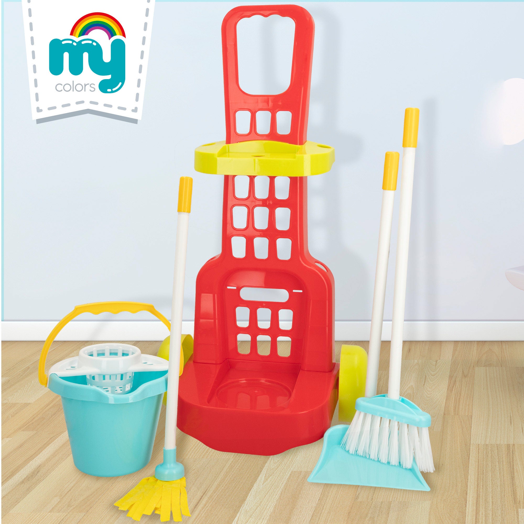 Carrinho de limpeza de brinquedos My Home Colors de 5 peças com utensílios