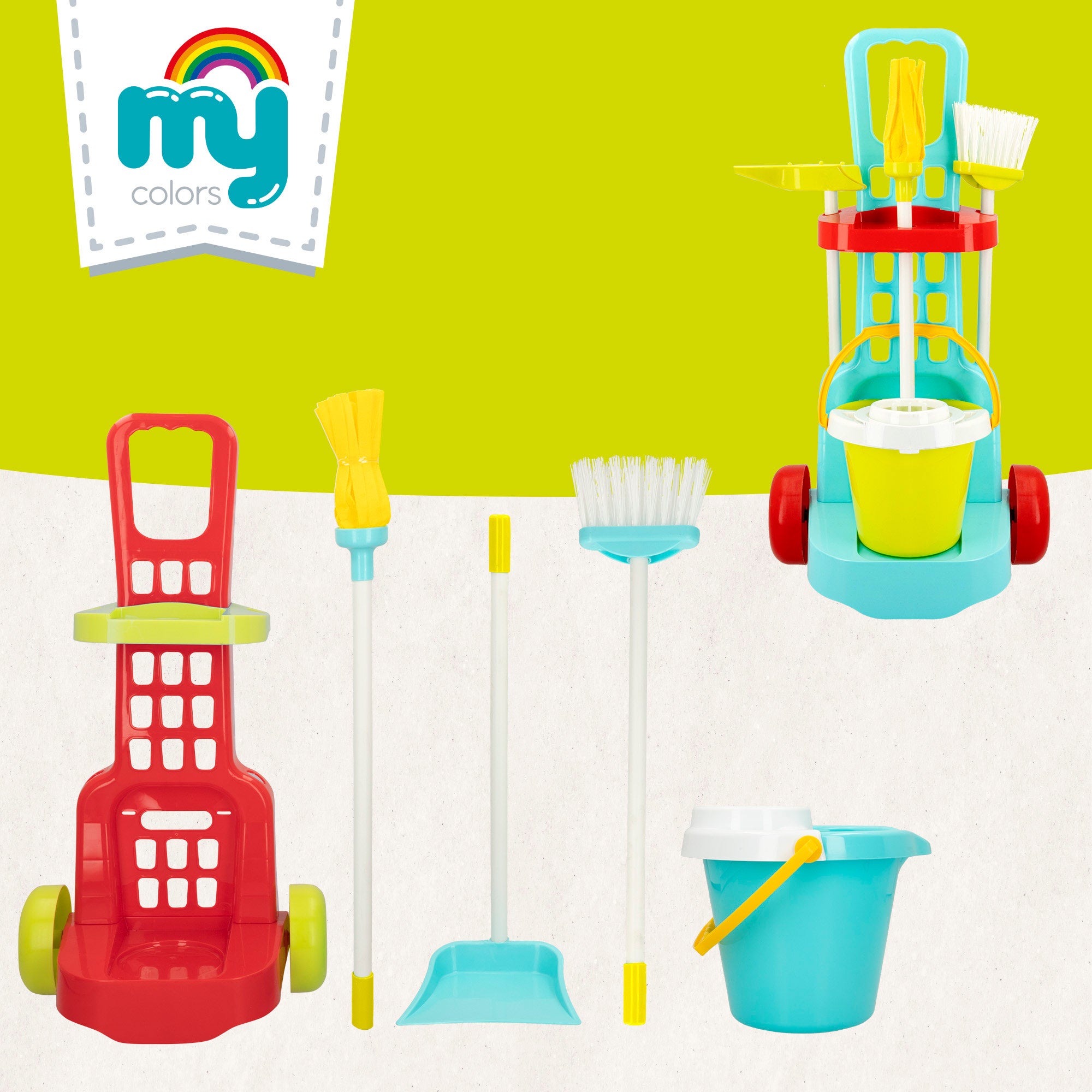 Carrinho de limpeza de brinquedos My Home Colors de 5 peças com utensílios