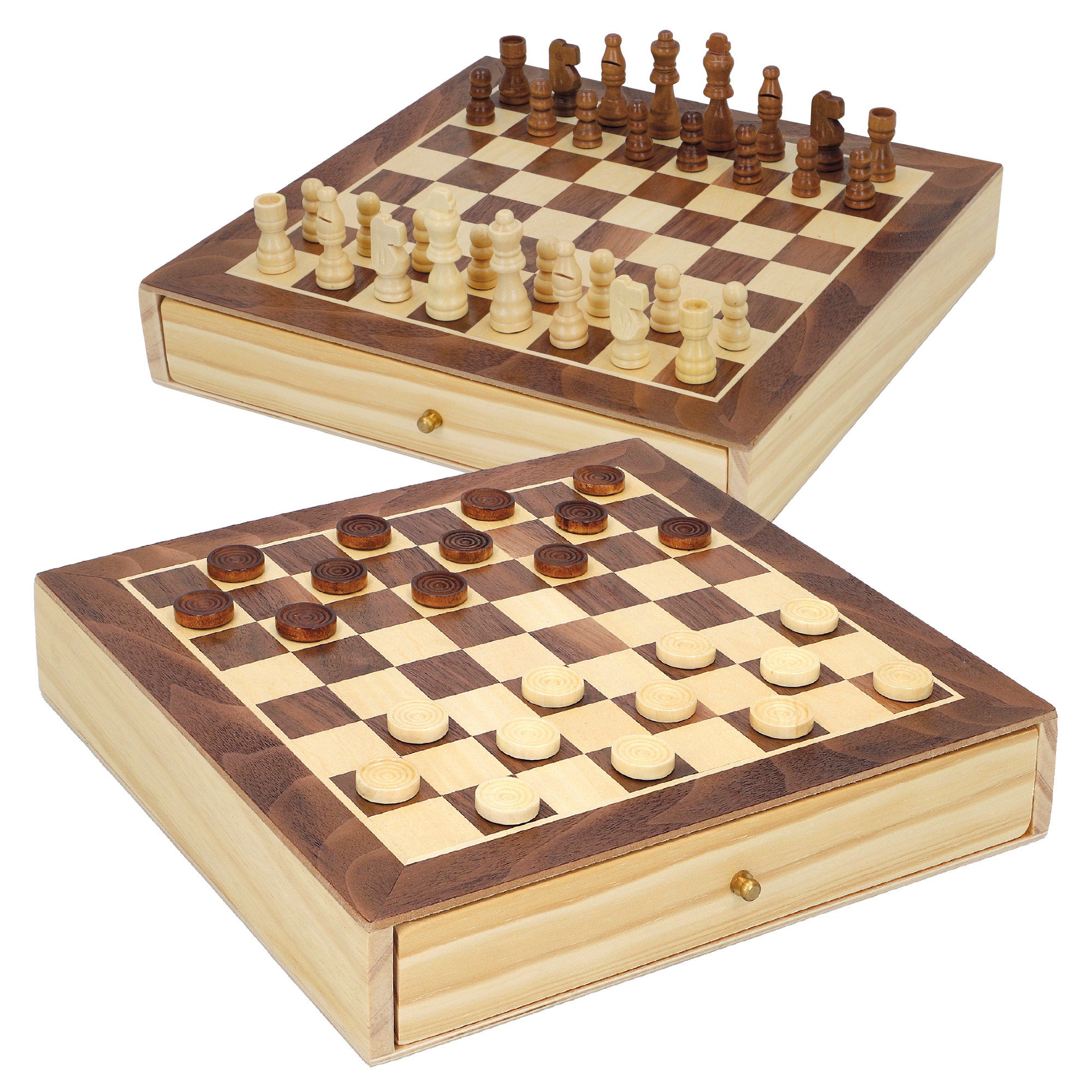Jogo de tabuleiro de xadrez e damas 2 em 1 em madeira com gaveta da CB Games