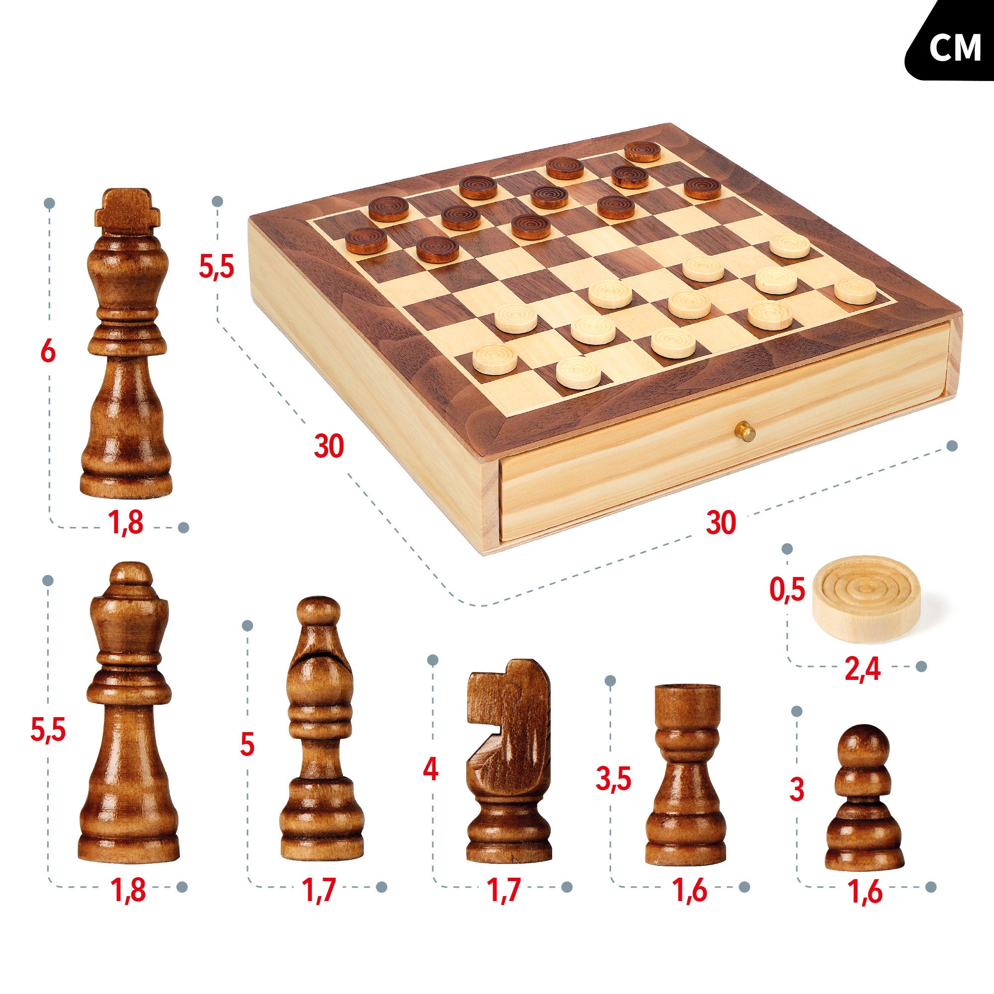 Jogo de tabuleiro de xadrez e damas 2 em 1 em madeira com gaveta da CB Games