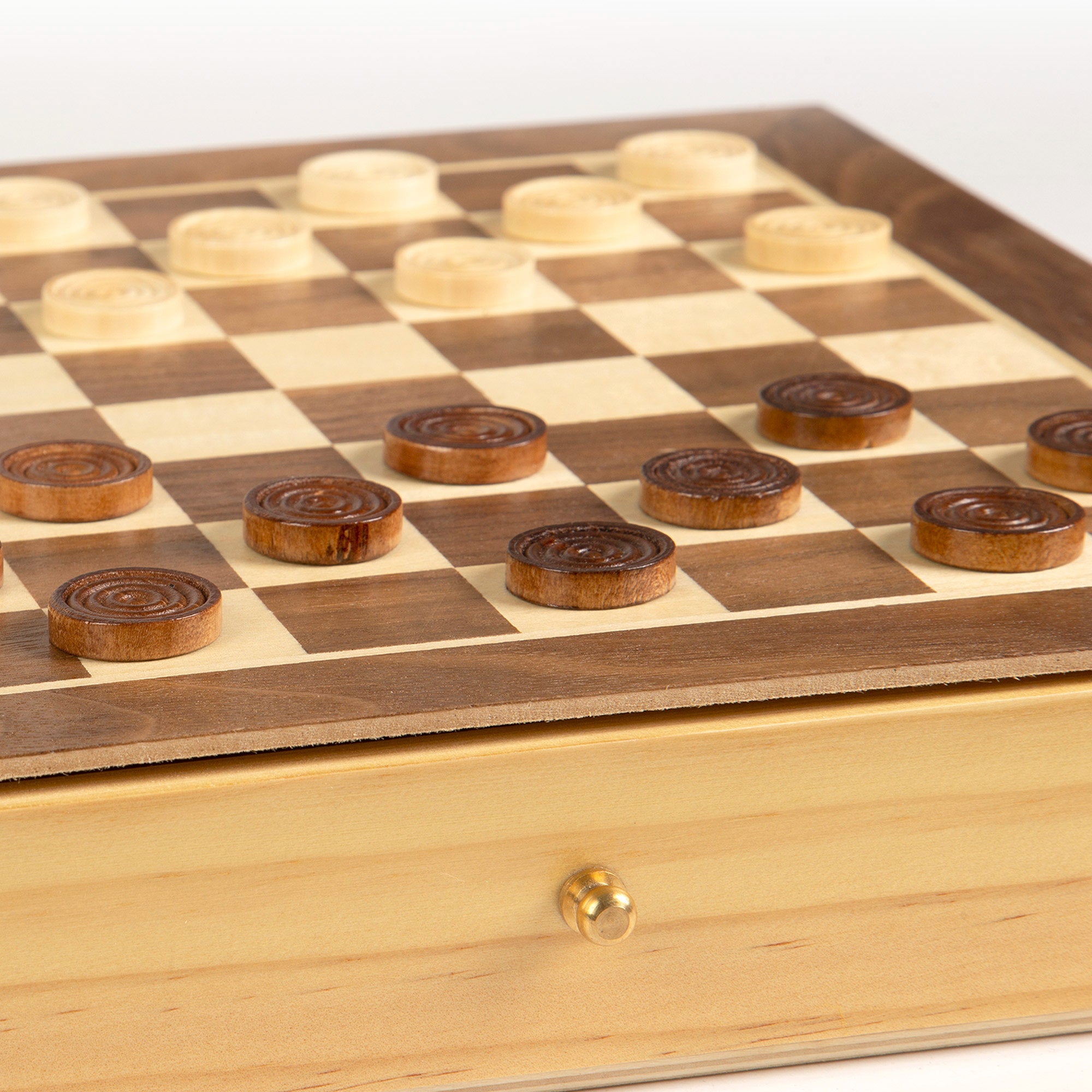 Jogo de tabuleiro de xadrez e damas 2 em 1 em madeira com gaveta da CB Games