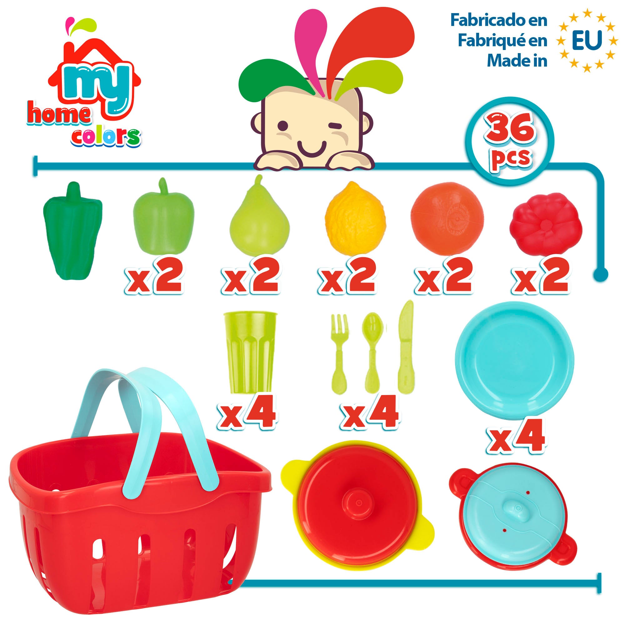 Cesta de 35 peças com comida e utensílios de cozinha de brincar da My Home Colors
