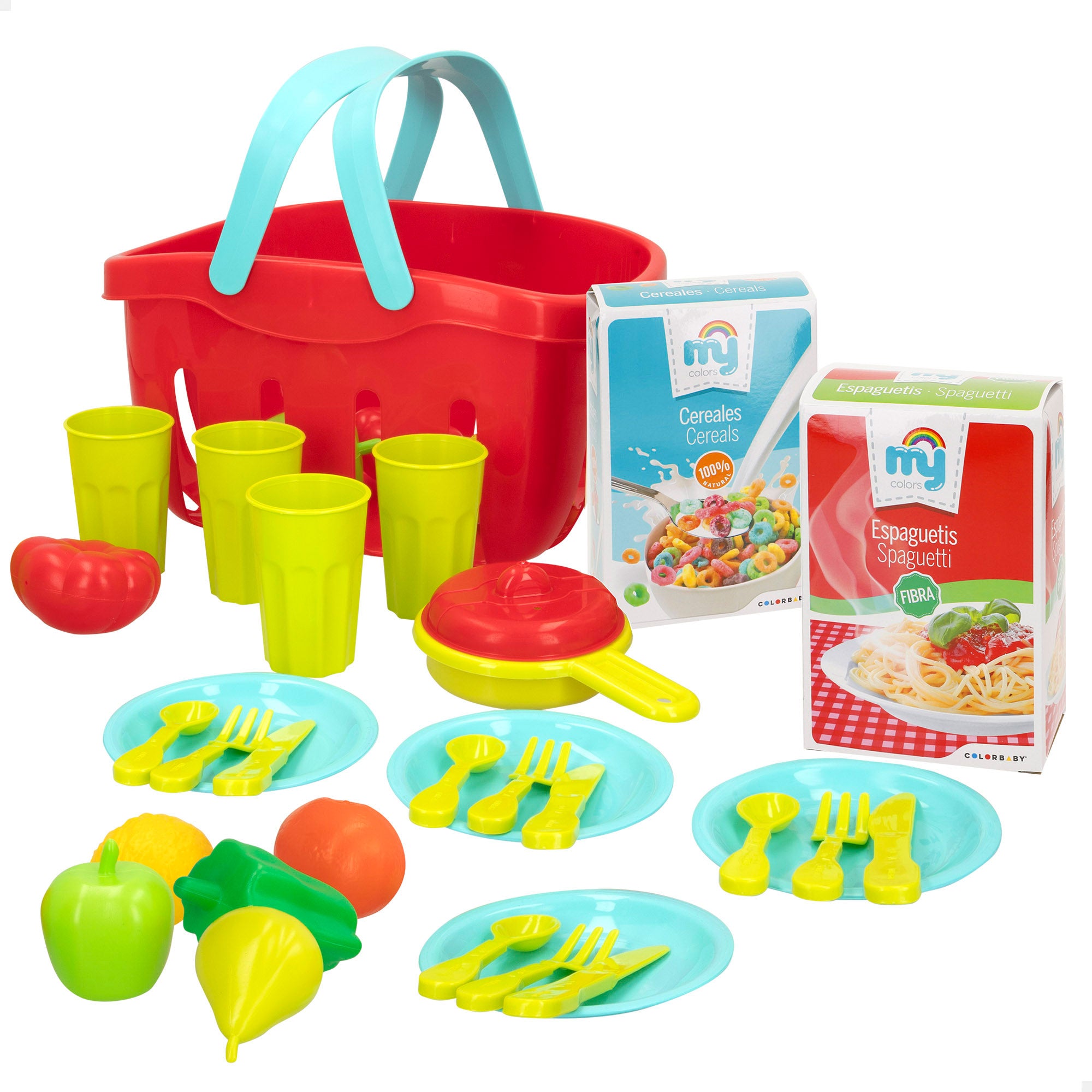 Cesta de brinquedos com 33 peças da My Home Colors, contendo alimentos e utensílios de mesa.
