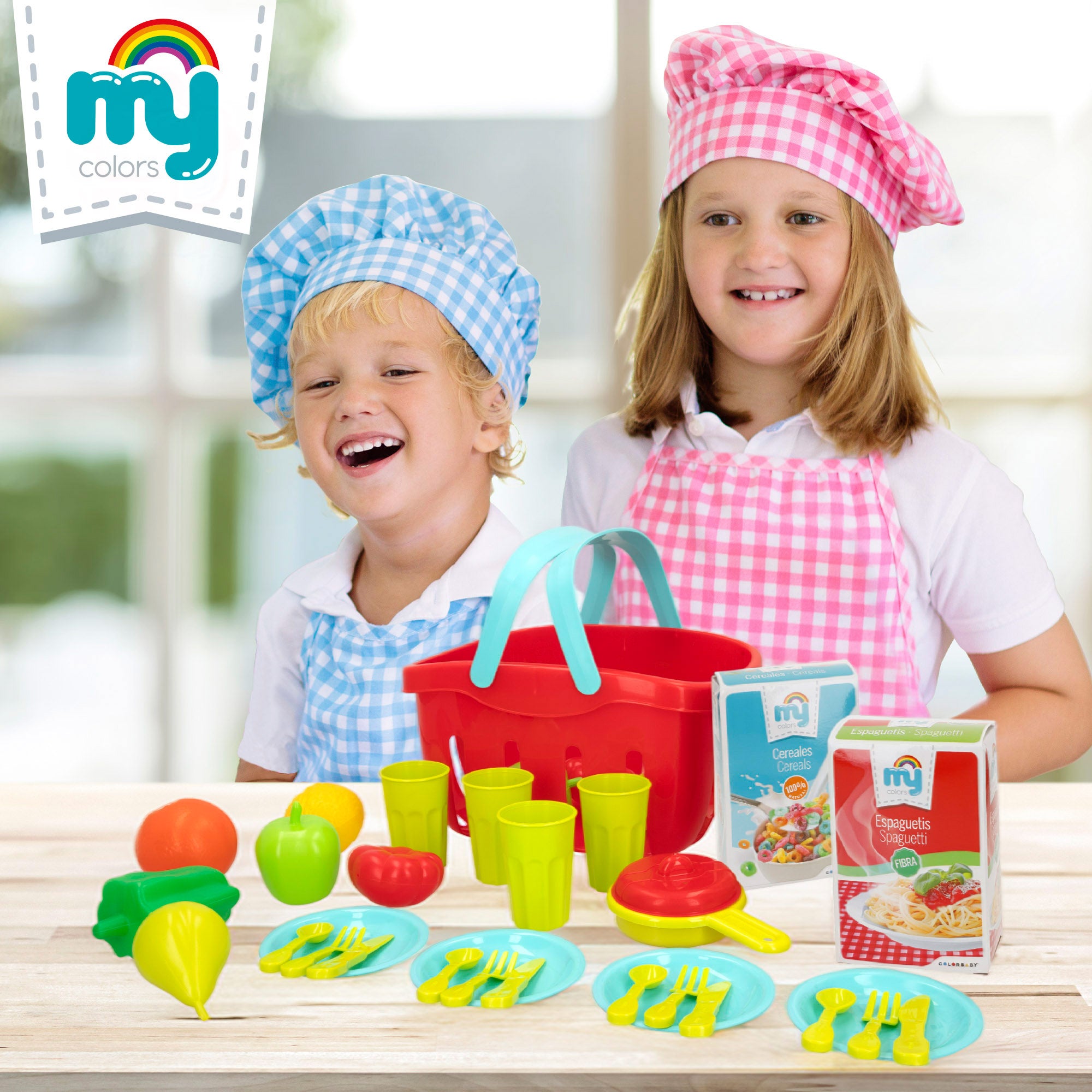 Cesta de brinquedos com 33 peças da My Home Colors, contendo alimentos e utensílios de mesa.