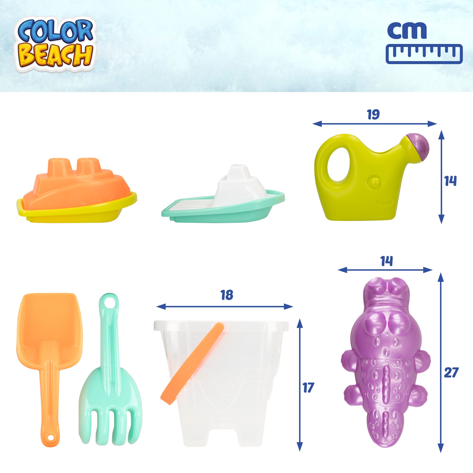 Conjunto de balde de cores de praia com acessórios