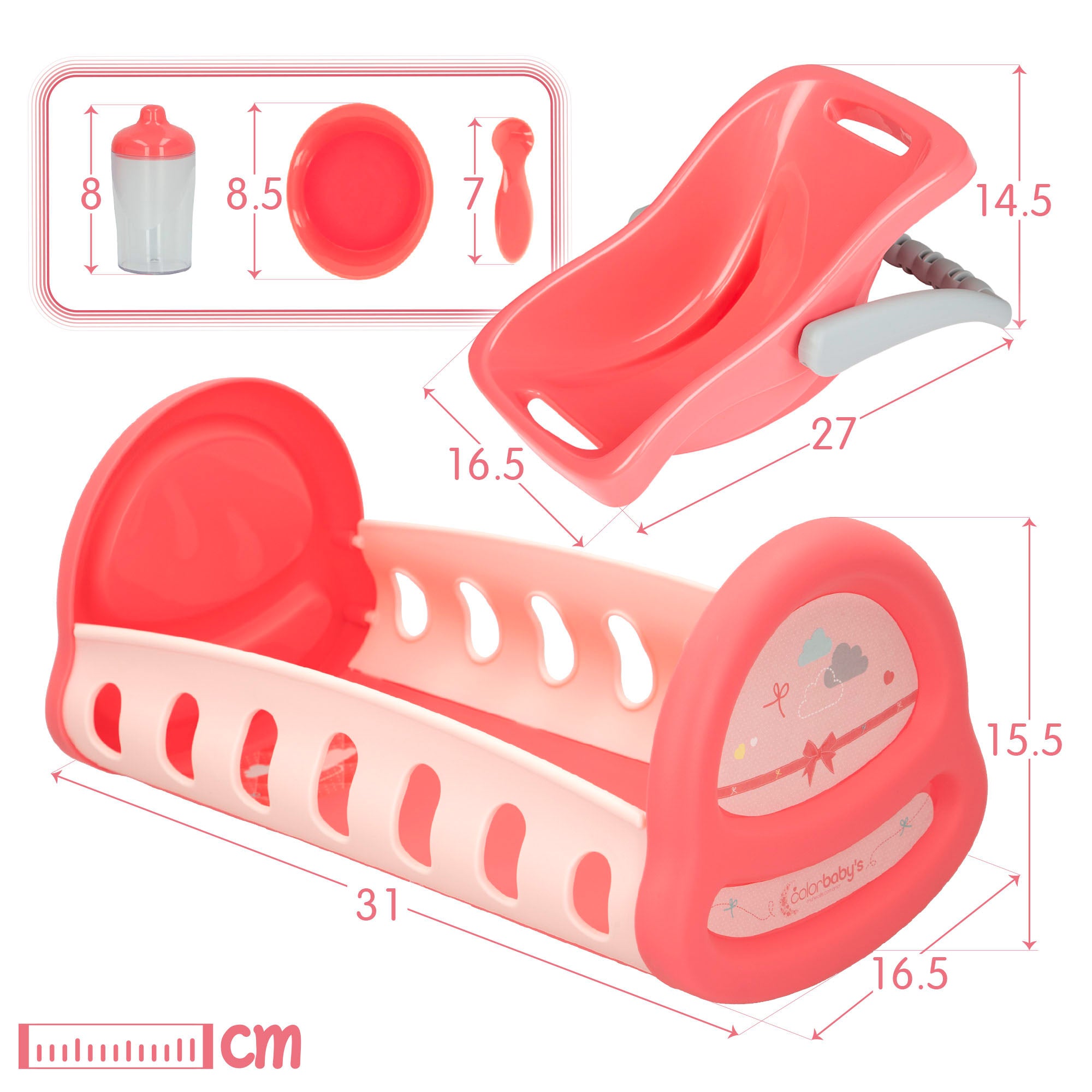 Berço para boneca e porta-bebé com acessórios Colorbaby's