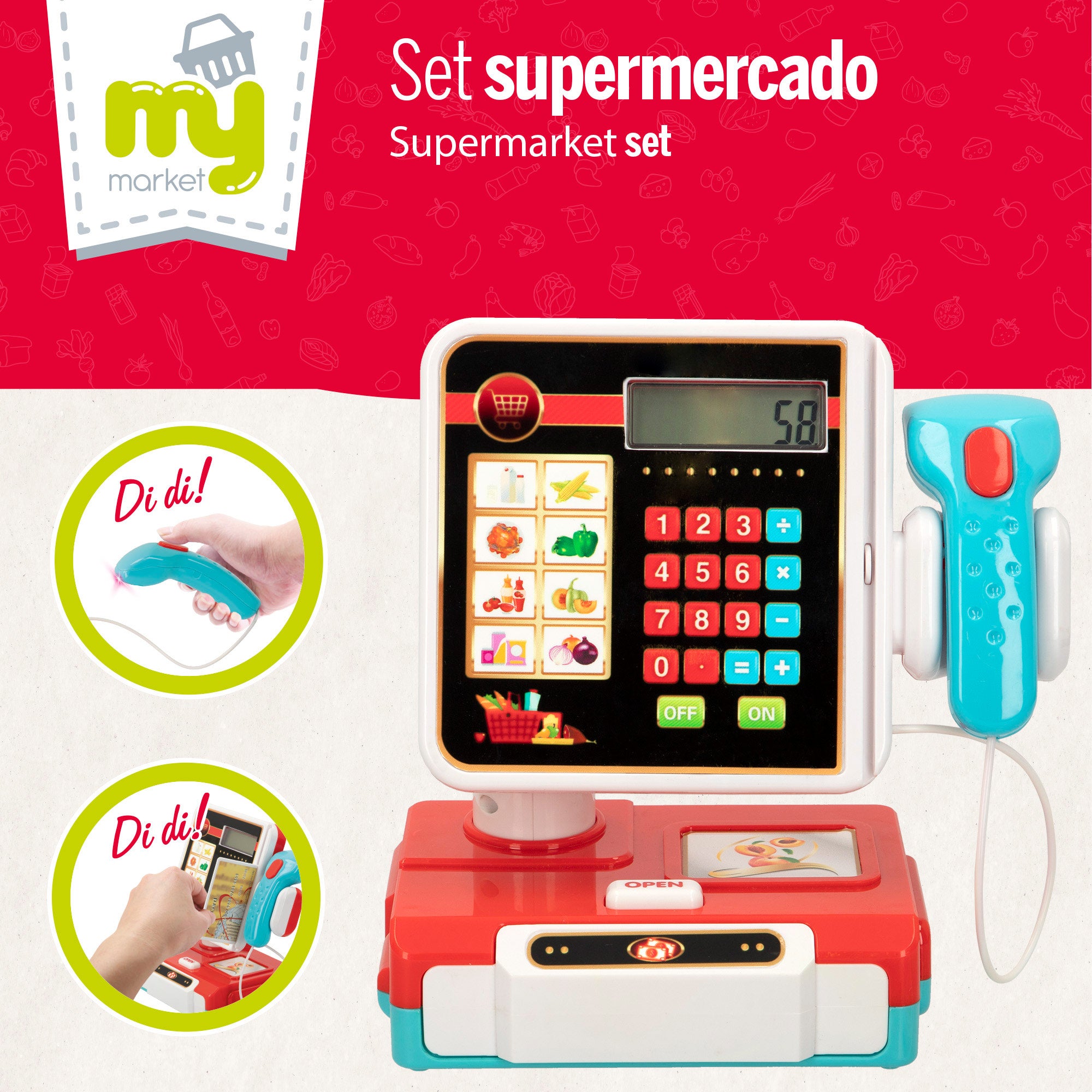 Caixa registadora My Market com luz, som e acessórios.