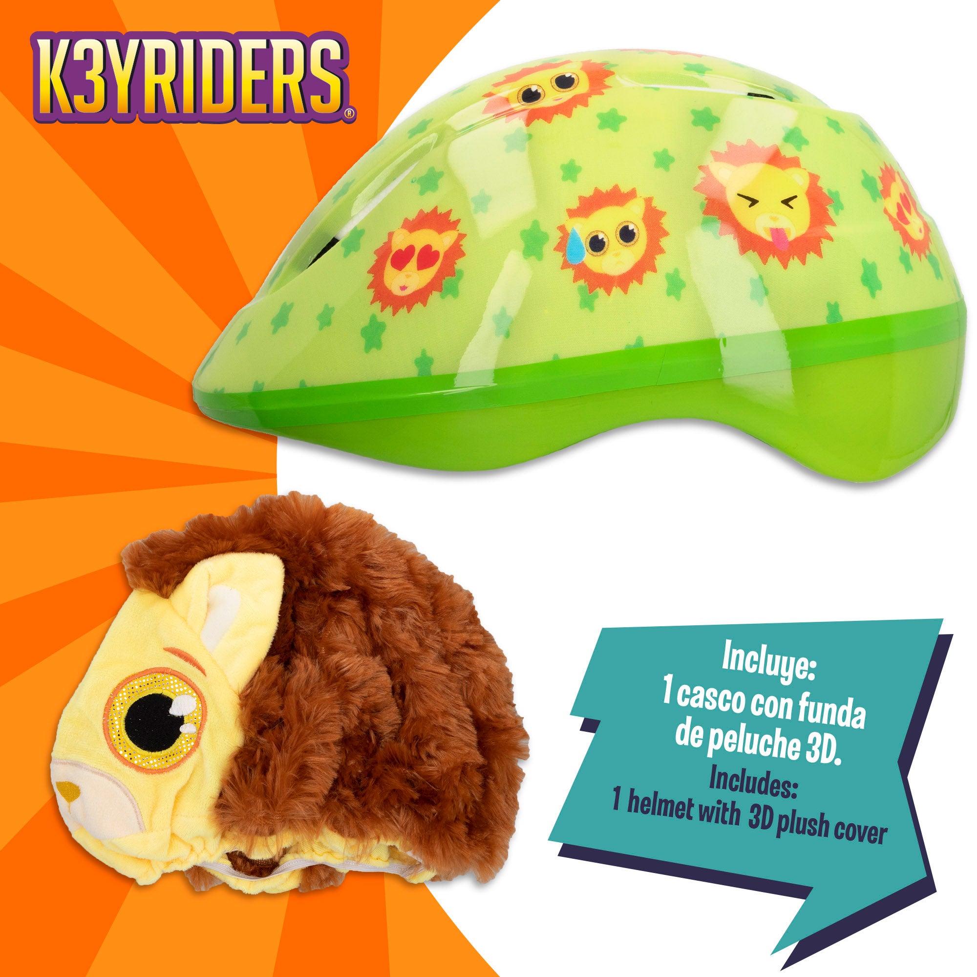 Capacete infantil K3YRIDERS com capa de leão de peluche