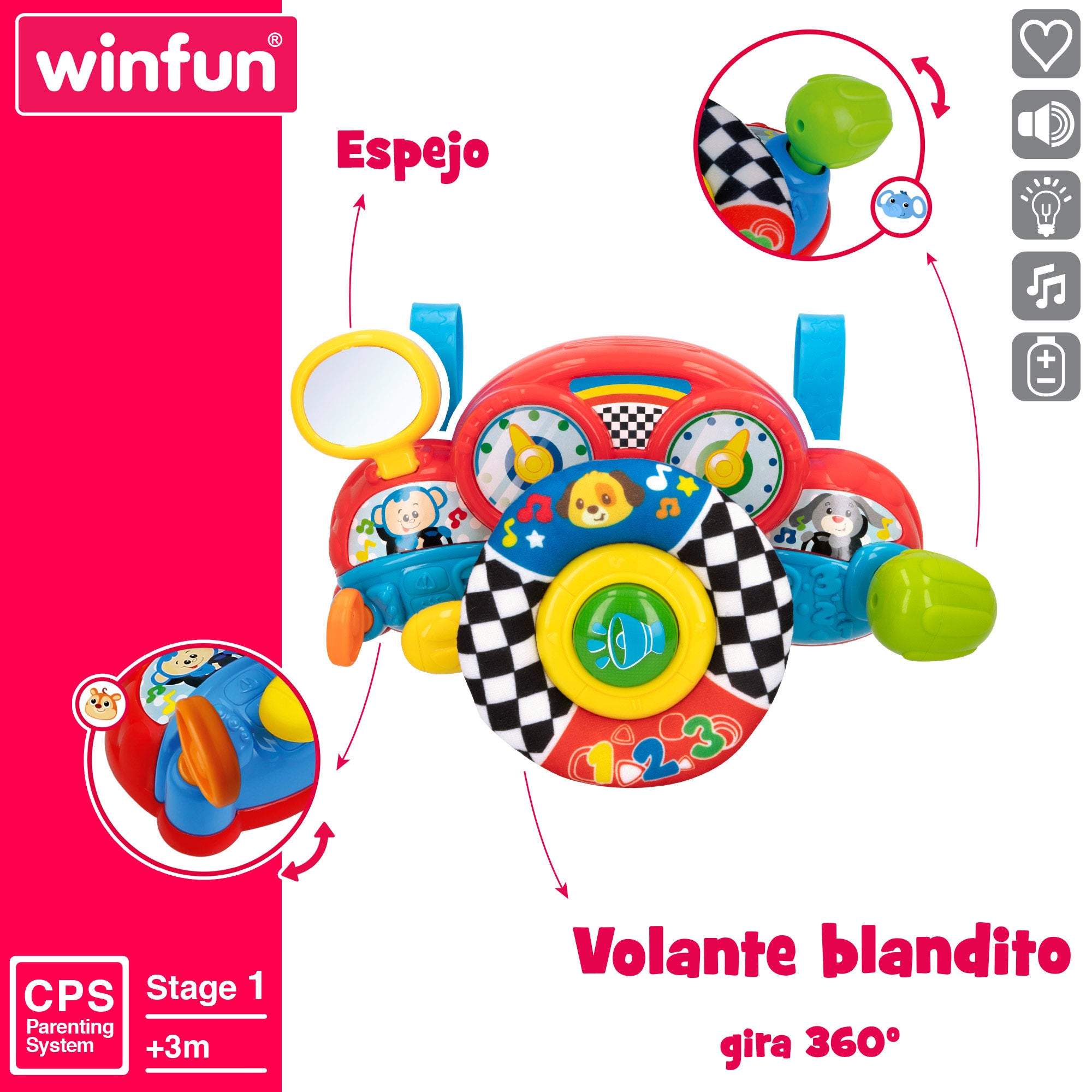 Volante de carrinho de bebé 2 em 1 Winfun com luz e som