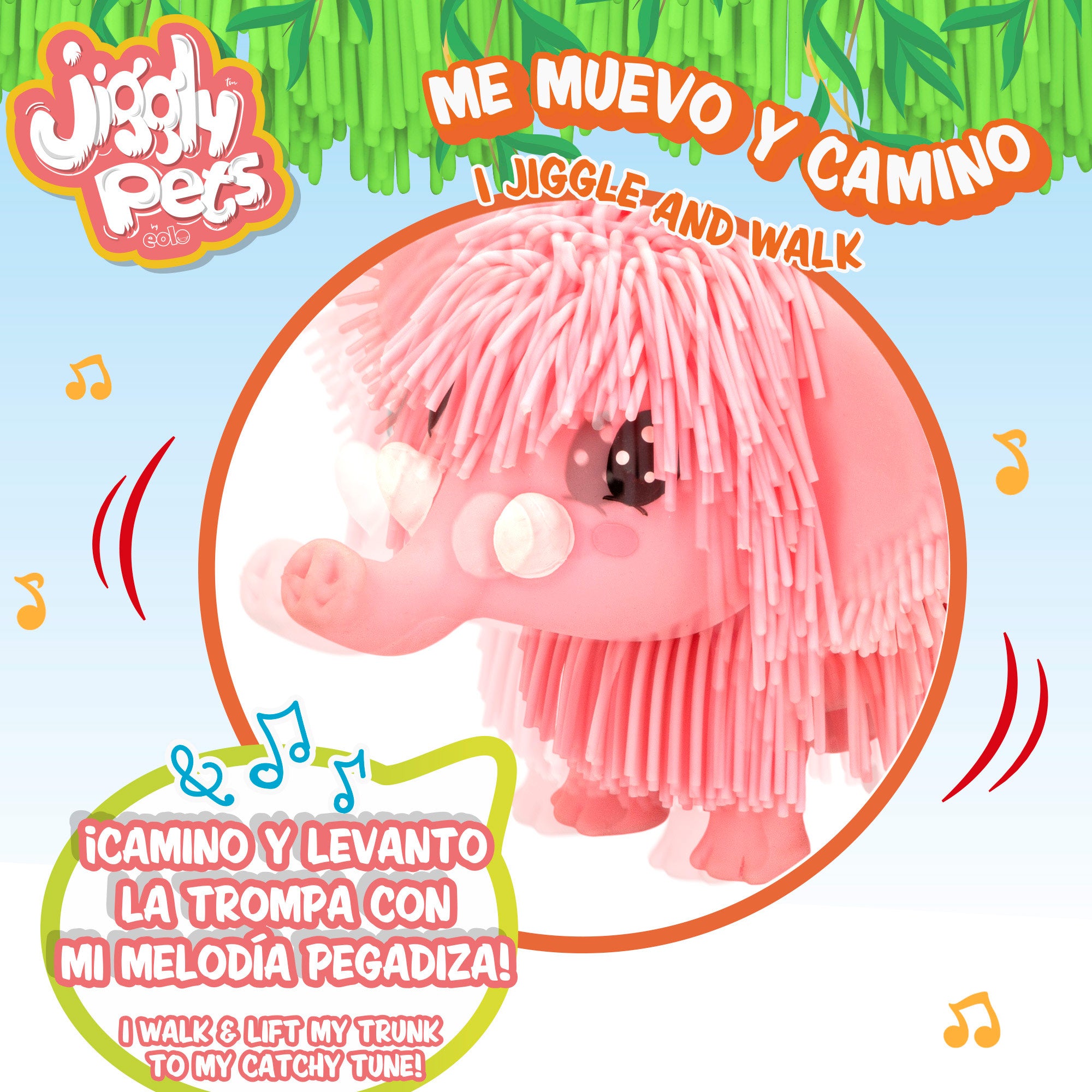 Andador elefante Jiggly Pets com música e som, cor-de-rosa