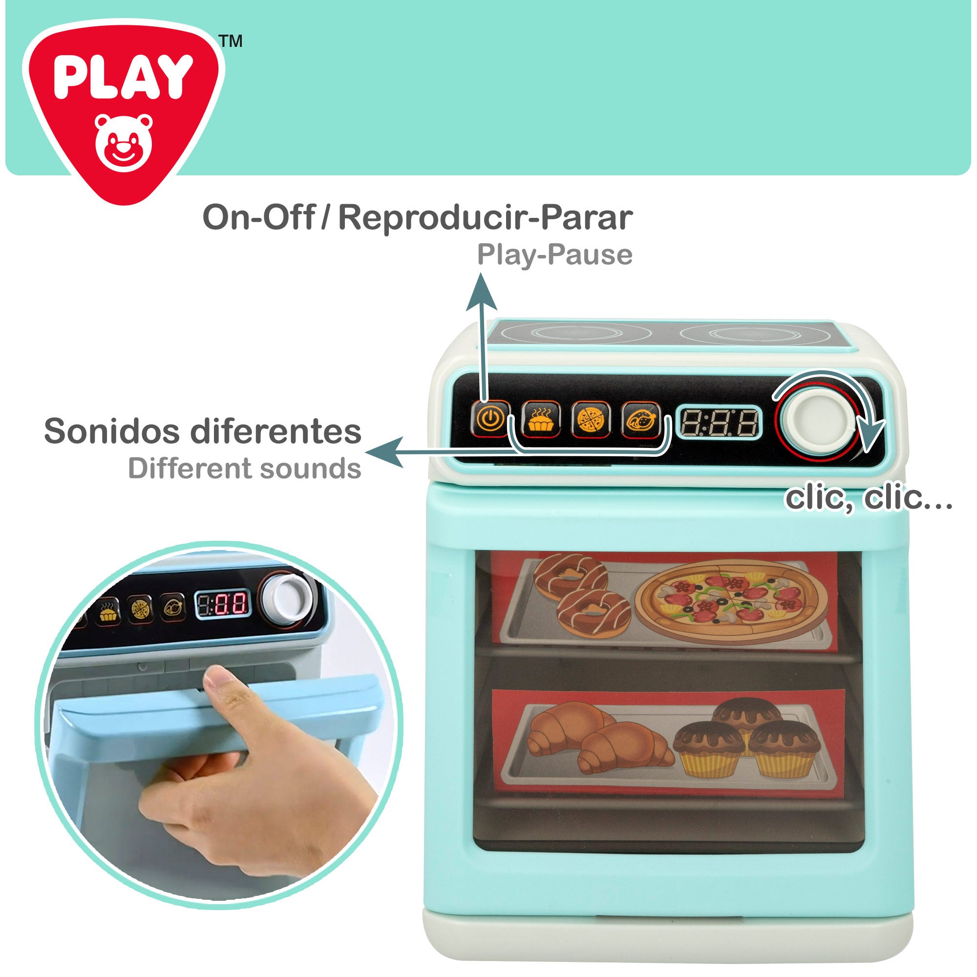 Mini forno de brinquedo PLAY com placa vitrocerâmica, luz e som.
