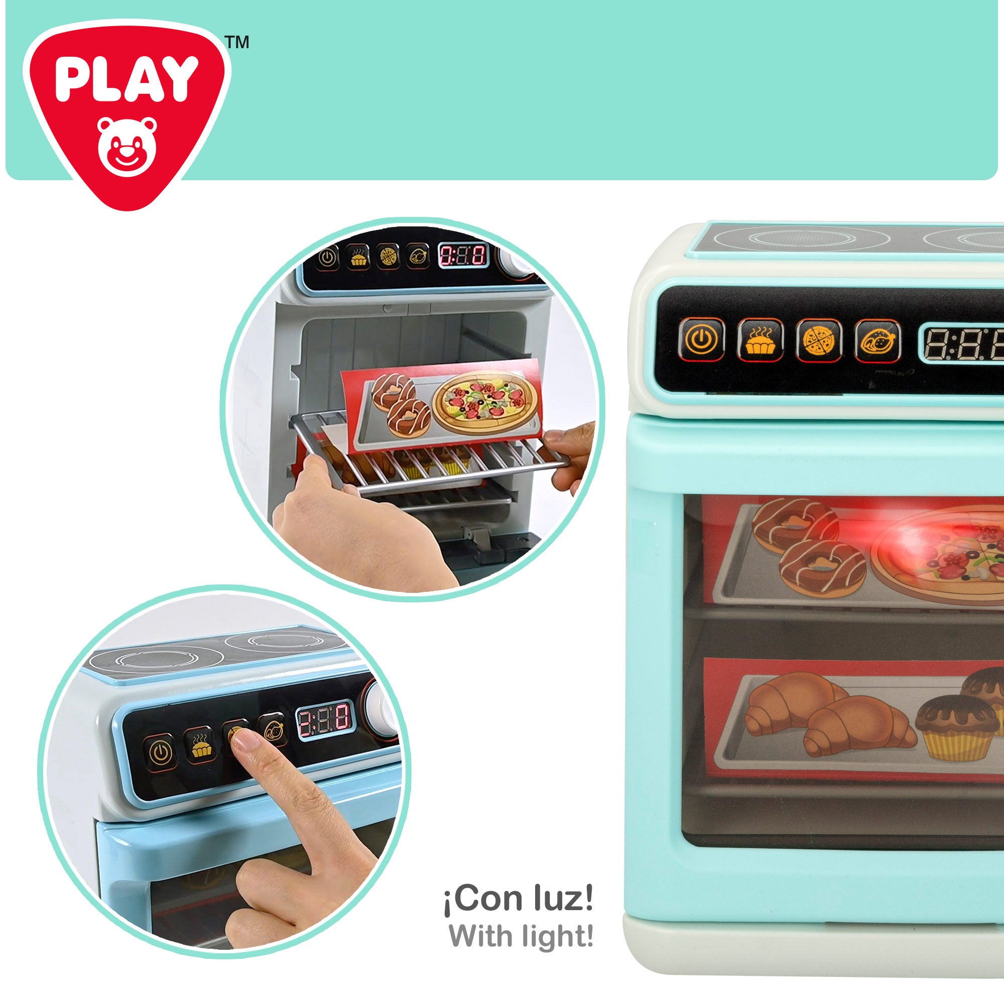 Mini forno de brinquedo PLAY com placa vitrocerâmica, luz e som.