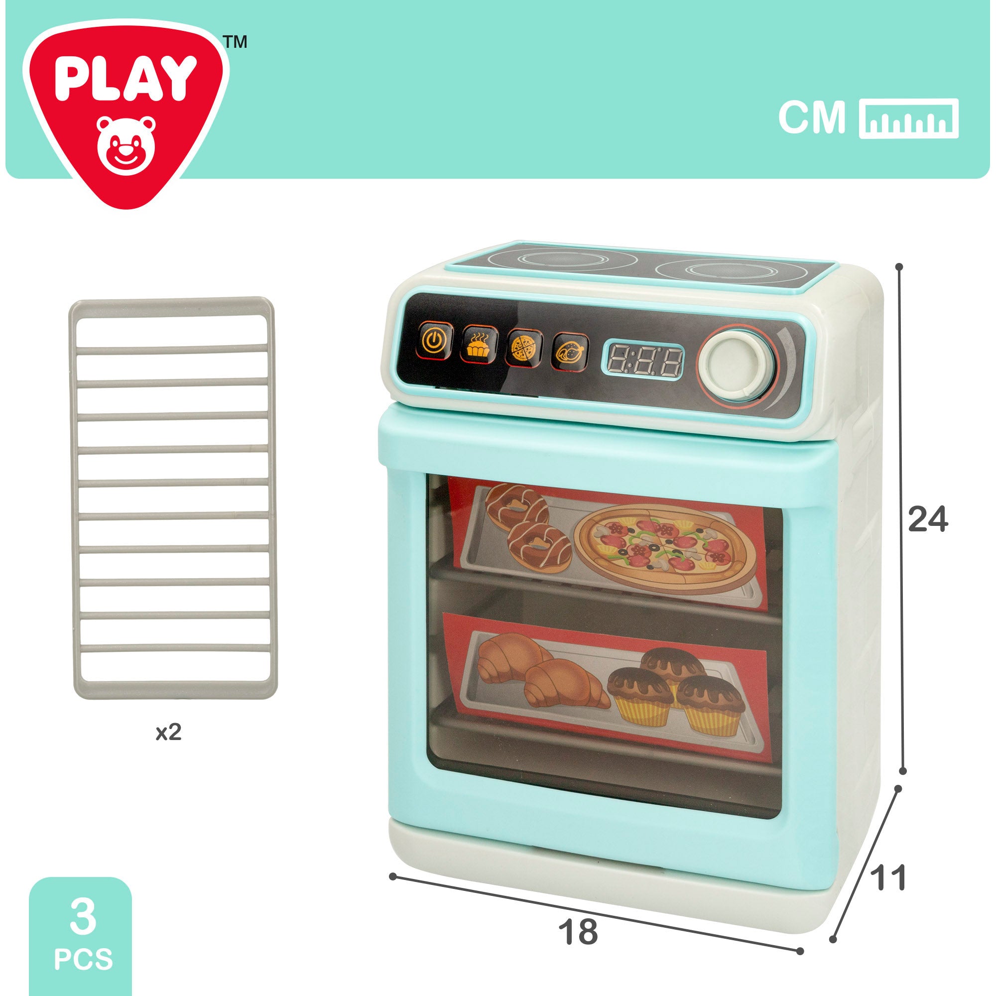 Mini forno de brinquedo PLAY com placa vitrocerâmica, luz e som.